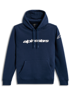 Alpinestars Race Wordmark Hoodie, Kapuzenpullover aus Fleece in Navyblau und Weiß, mit Front-Schriftzug und Ärmellogo.