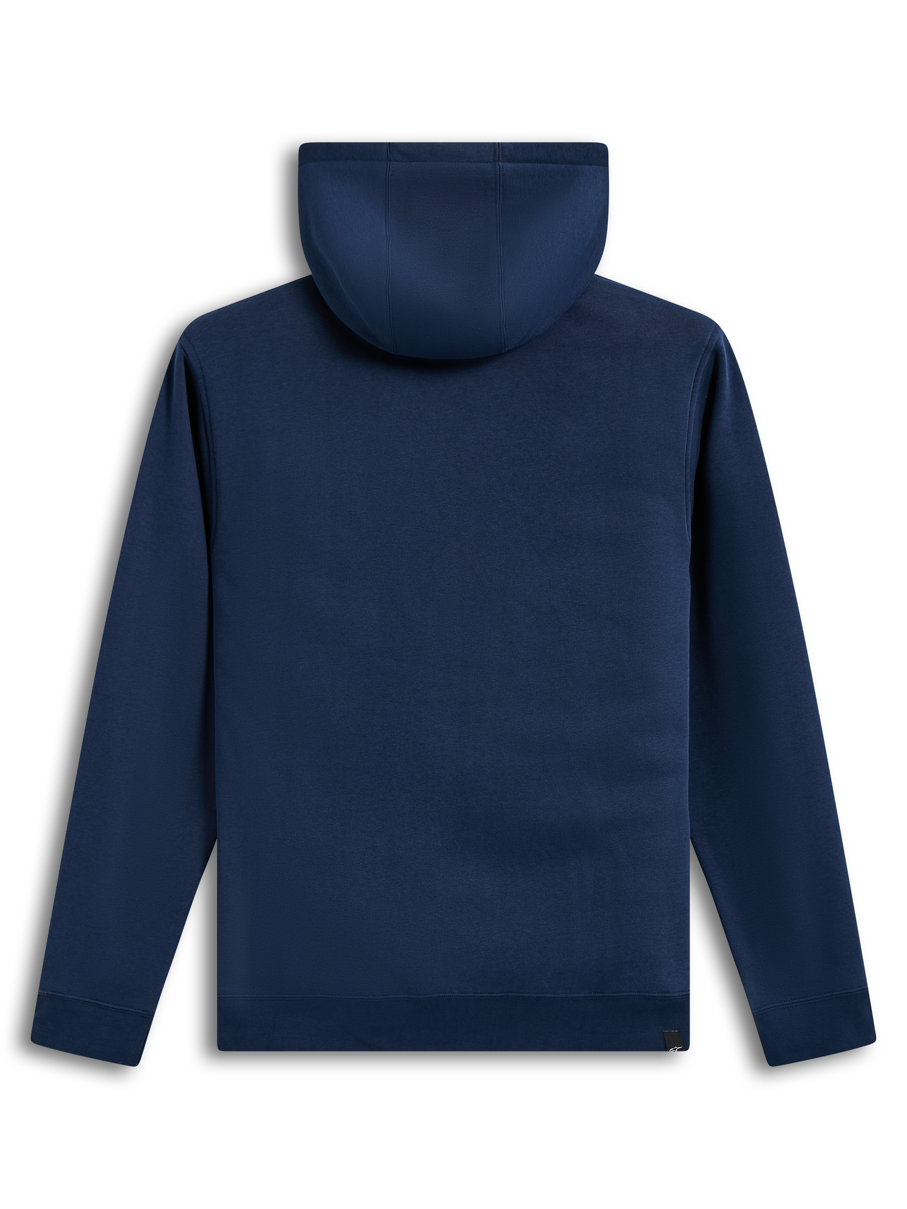 Alpinestars Race Wordmark Hoodie, Rückansicht, navyblauer Sportswear-Fleece-Pullover mit gefütterter Kapuze und Rippbündchen.