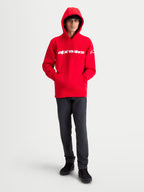 Alpinestars Race Wordmark Hoodie, Herren-Kapuzenpullover, Rot und Weiß, mit weißem linearem Alpinestars-Logo auf der Brust und Ageless-Logo am Ärmel, Fleece-Material aus Baumwollmischung, Kapuze mit Kordelzug, motorsport-inspirierte Freizeitkleidung.