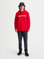 Alpinestars Race Wordmark Hoodie, Sportswear-Kapuzenpullover aus Fleece in Rot mit weißem Alpinestars Wordmark-Logo, Kängurutasche und verstellbarer Kapuze, getragen von einem Model für einen lässigen Motorsport-Look.