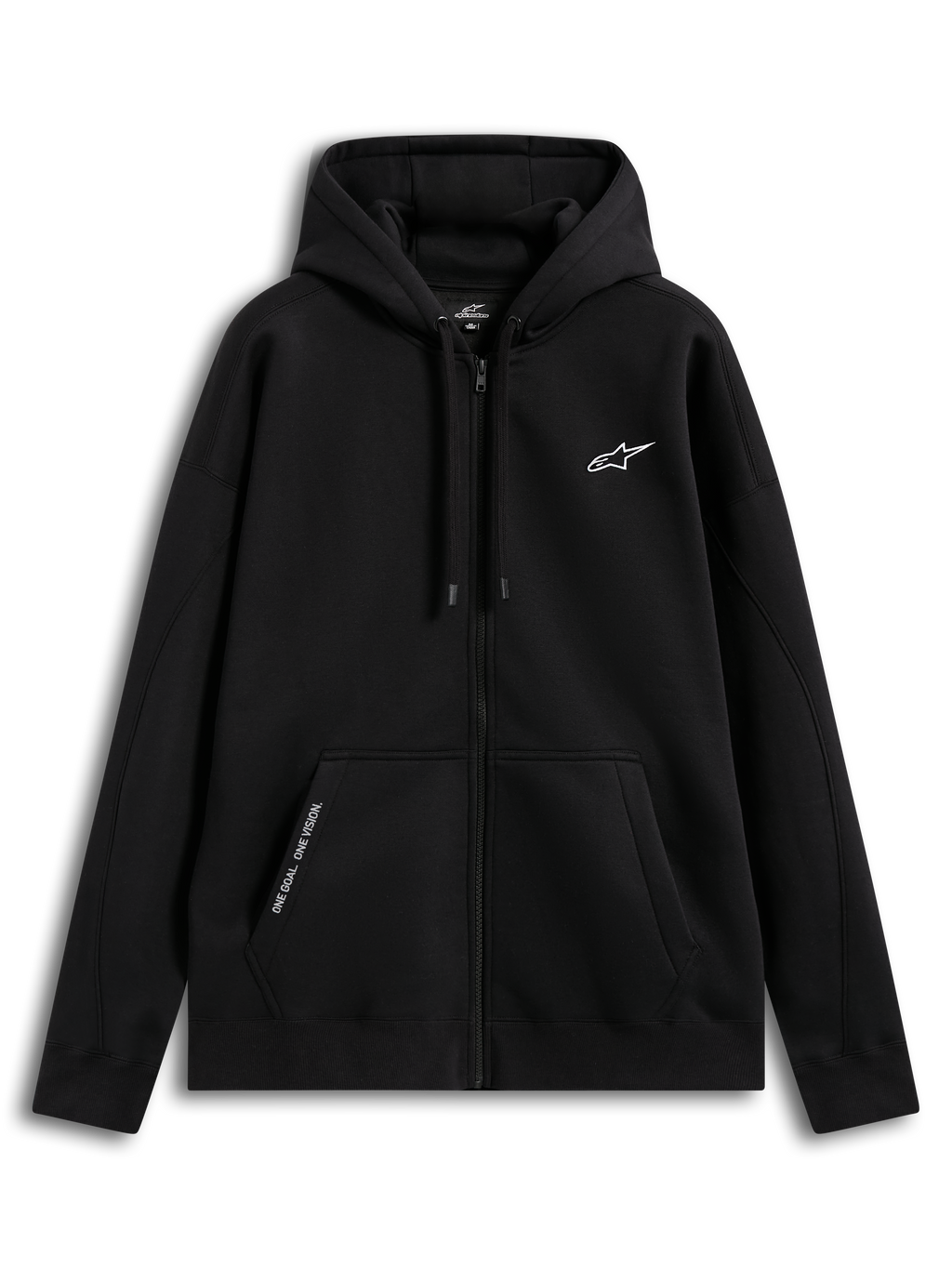 Alpinestars Pioneer Oversized Hoodie, Sportswear-Kapuzenjacke mit Reißverschluss, Schwarz, entspannte Oversized-Passform mit Vislon-Frontreißverschluss, Kängurutasche mit gesticktem „ONE GOAL. ONE VISION.“ Text, selbstgefütterte Kapuze mit Kordelzug und weißem Alpinestars-Logo auf der Brust, Konstruktion aus 80 % Baumwolle und 20 % recyceltem Polyester.