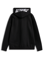 Alpinestars Pioneer Oversized Hoodie, schwarze Fleecejacke mit weißem Astars-Sticklogo auf der Kapuze, Rückansicht.