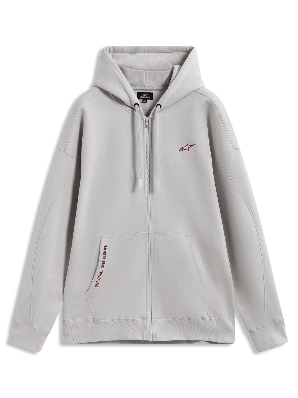 Alpinestars Pioneer Oversized Hoodie, zementgraue Fleecejacke mit Reißverschluss, Kängurutasche und roten Logo-Details.