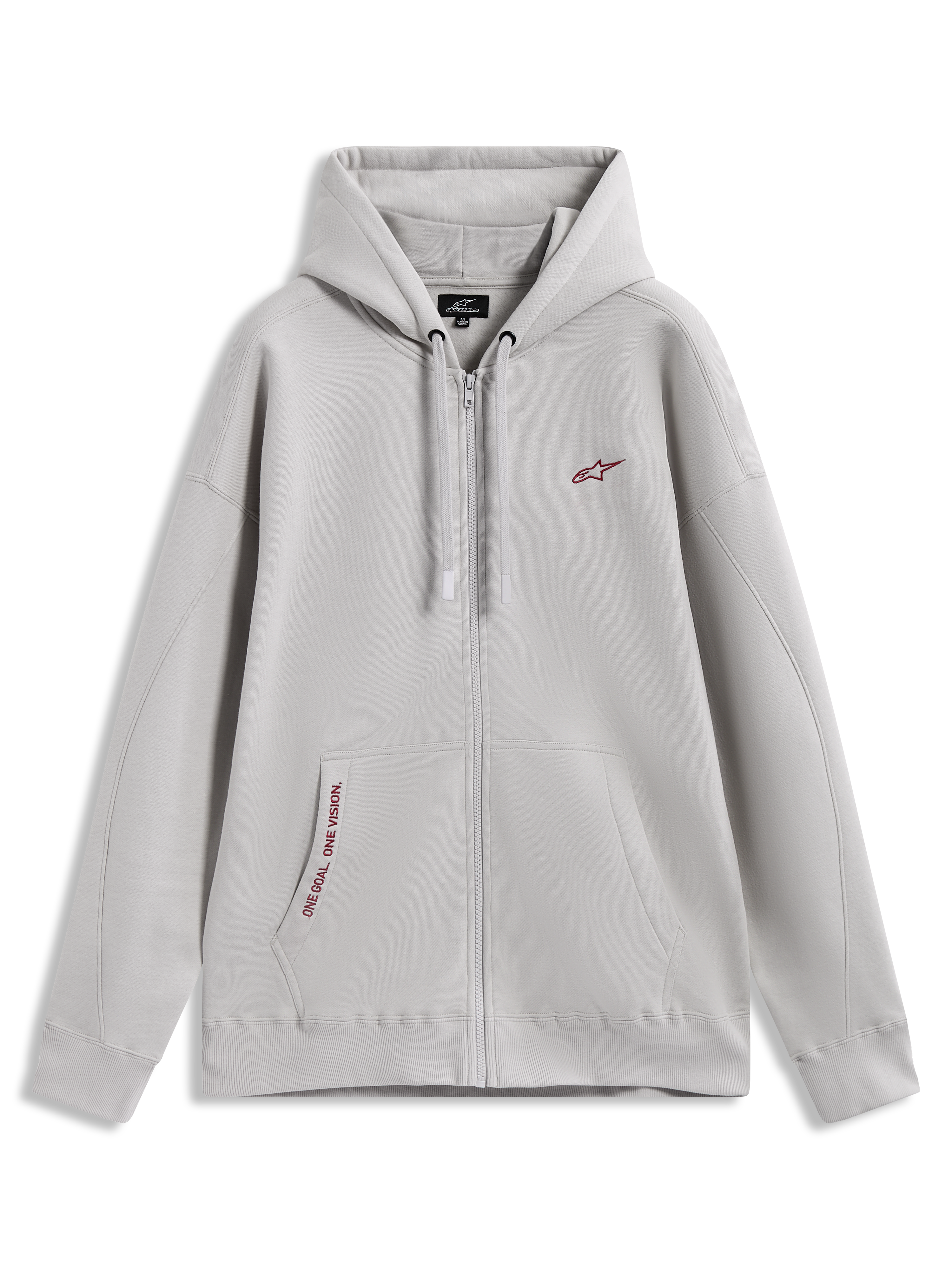 Alpinestars Pioneer Oversized Hoodie, zementgraue Fleecejacke mit Reißverschluss, Kängurutasche und roten Logo-Details.