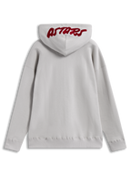 Alpinestars Pioneer Oversized Hoodie, Fleece-Kapuzenpullover in Grau, rote Astars-Logo-Stickerei auf der Kapuze, Rückansicht.