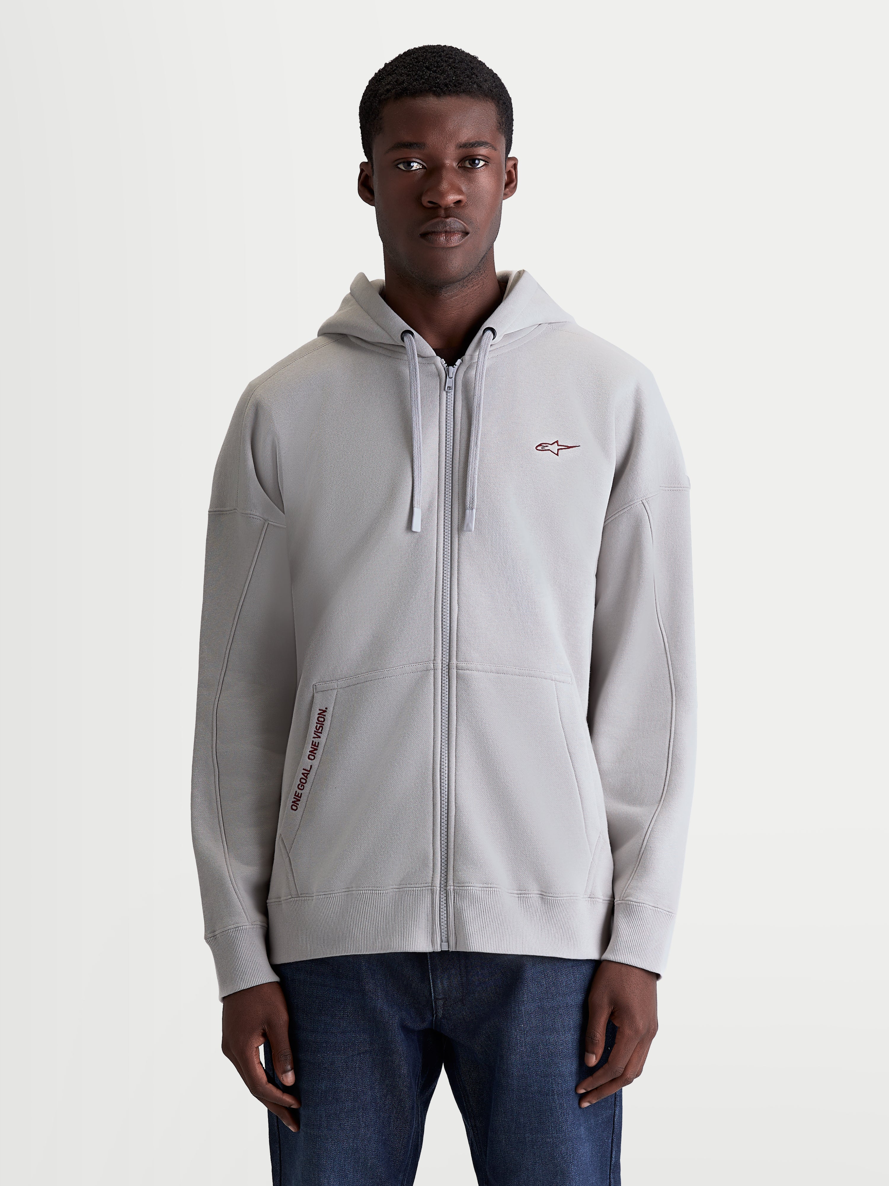Alpinestars Pioneer Oversized Hoodie, Sportswear-Fleecehoodie mit durchgehendem Reißverschluss für Herren und Damen, Grau, mit Vislon-Reißverschluss, Kängurutasche mit „One Goal One Vision“-Stickerei und einer entspannten Oversized-Passform für lässigen Komfort.