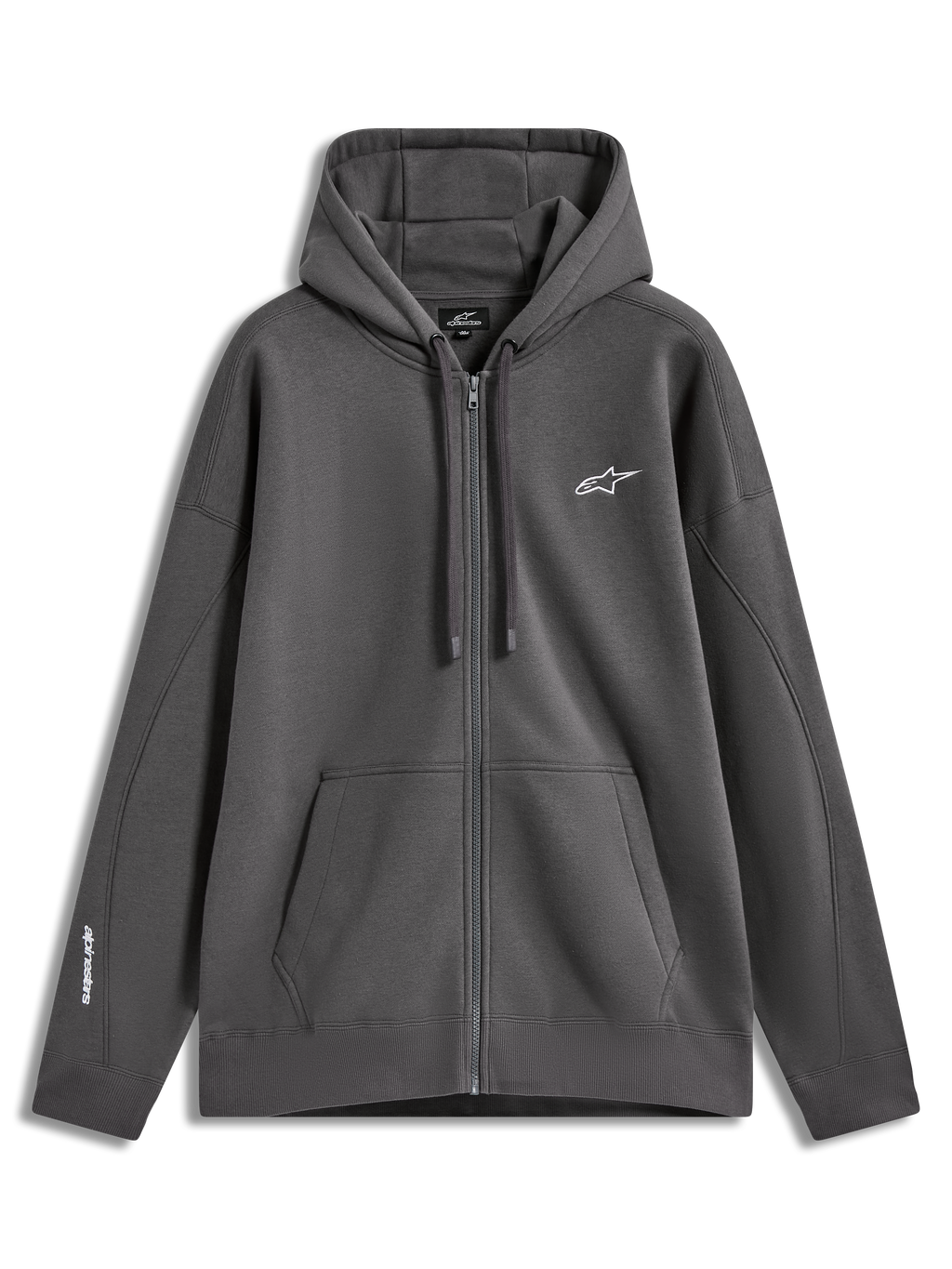 Alpinestars Entity Oversized Hoodie, Kapuzenjacke aus Fleece, Anthrazitgrau, weiße Logo-Stickerei, durchgehender Vislon-Reißverschluss und Kängurutasche, lässige Motorsport-Sportswear