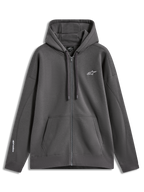 Alpinestars Entity Oversized Hoodie, Kapuzenjacke aus Fleece, Anthrazitgrau, weiße Logo-Stickerei, durchgehender Vislon-Reißverschluss und Kängurutasche, lässige Motorsport-Sportswear
