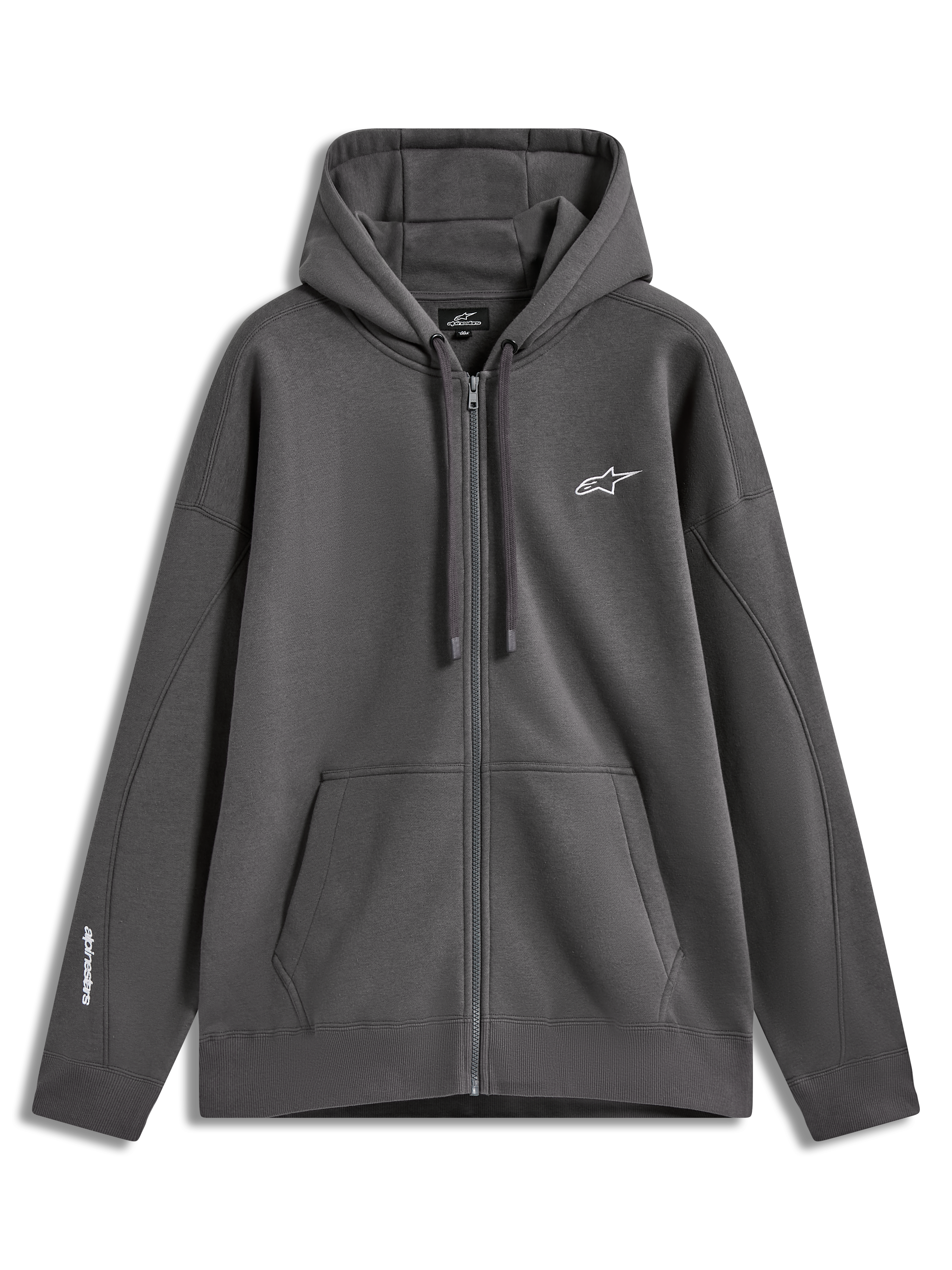 Alpinestars Entity Oversized Hoodie, Kapuzenjacke aus Fleece, Anthrazitgrau, weiße Logo-Stickerei, durchgehender Vislon-Reißverschluss und Kängurutasche, lässige Motorsport-Sportswear