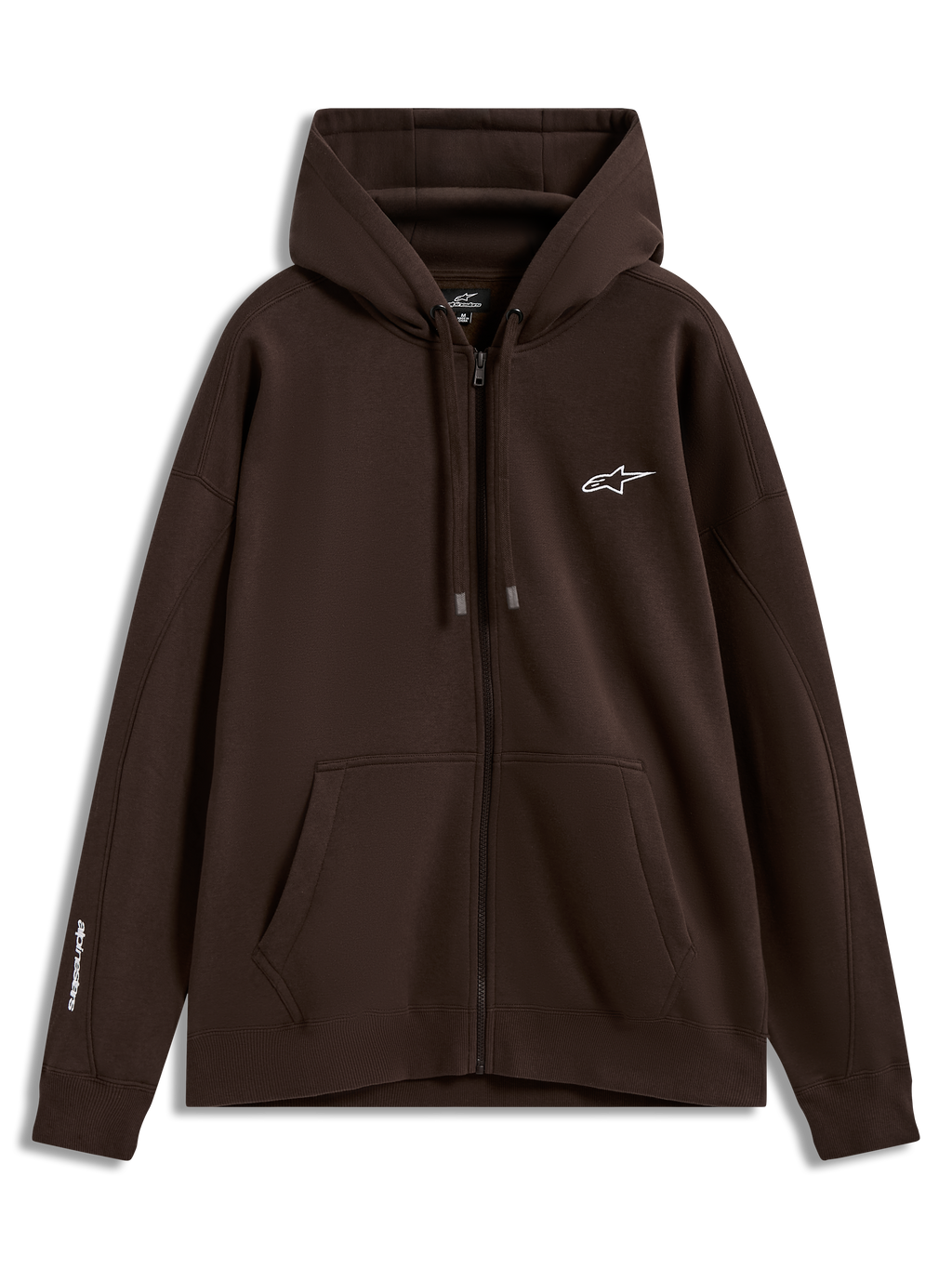 Alpinestars Entity Oversized Hoodie, braune Sportswear-Fleecejacke mit Reißverschluss, weißen Logos und Kängurutasche.