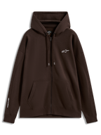 Alpinestars Entity Oversized Hoodie, braune Sportswear-Fleecejacke mit Reißverschluss, weißen Logos und Kängurutasche.