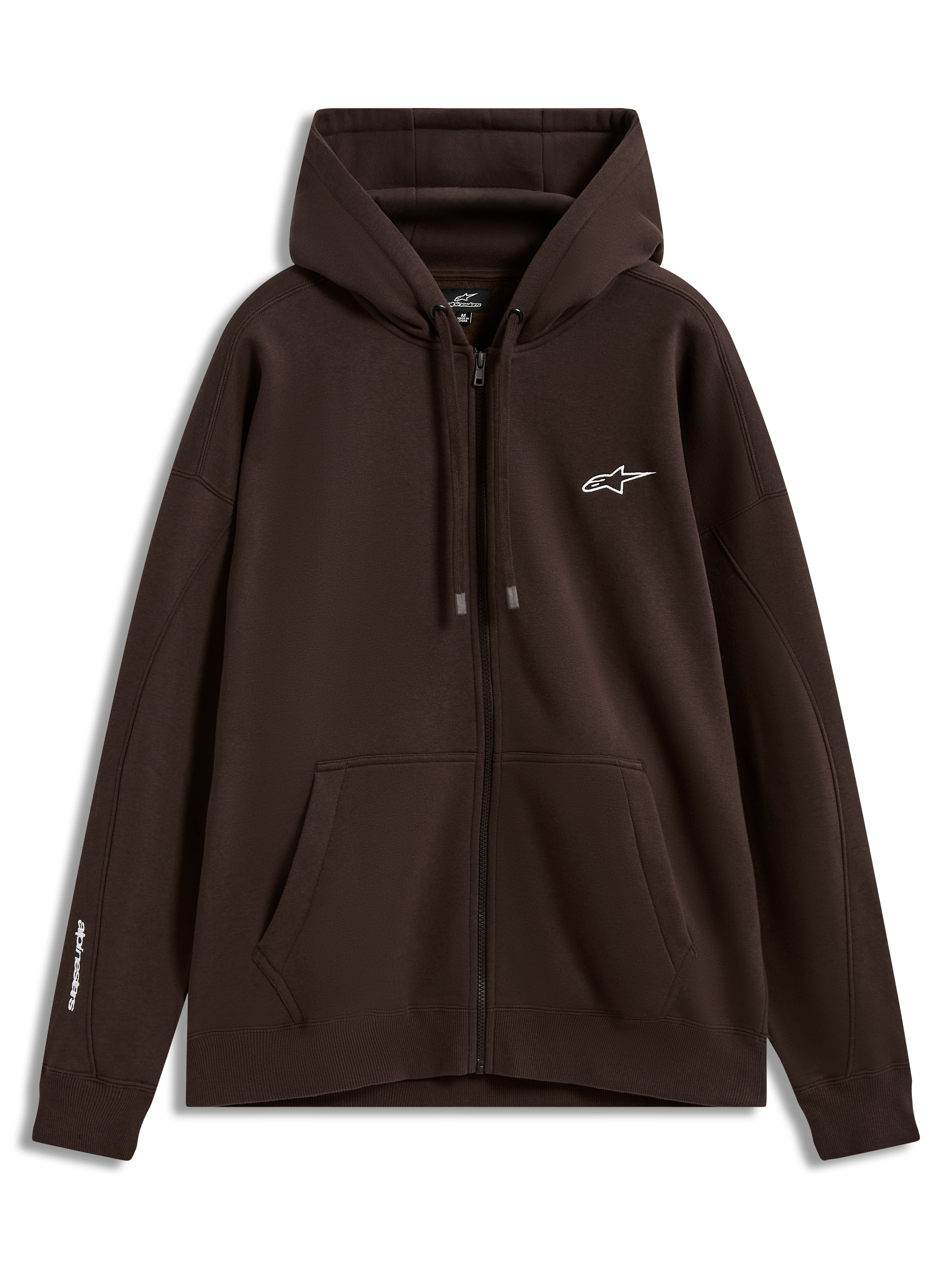 Alpinestars Entity Oversized Hoodie, braune Sportswear-Fleecejacke mit Reißverschluss, weißen Logos und Kängurutasche.