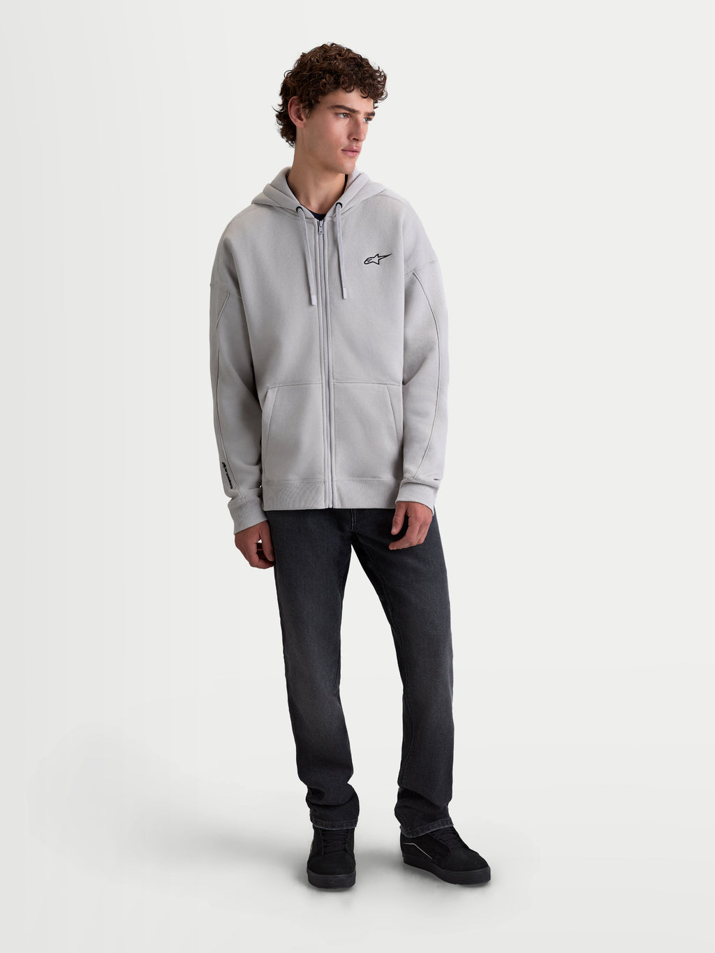 Alpinestars Entity Oversized Hoodie, Full-Zip Sportswear Fleece, Unisex, Cement Gray, premium cotton-blend fabric featuring a relaxed oversized fit, Vislon front zipper, kangaroo pocket, and embroidered logo, shown on-model for casual everyday lifestyle wear.