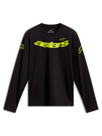 Alpinestars Velocifier CSF Langarm T-Shirt, Schwarz mit neongelben Astars-Logos auf Front und Schultern.