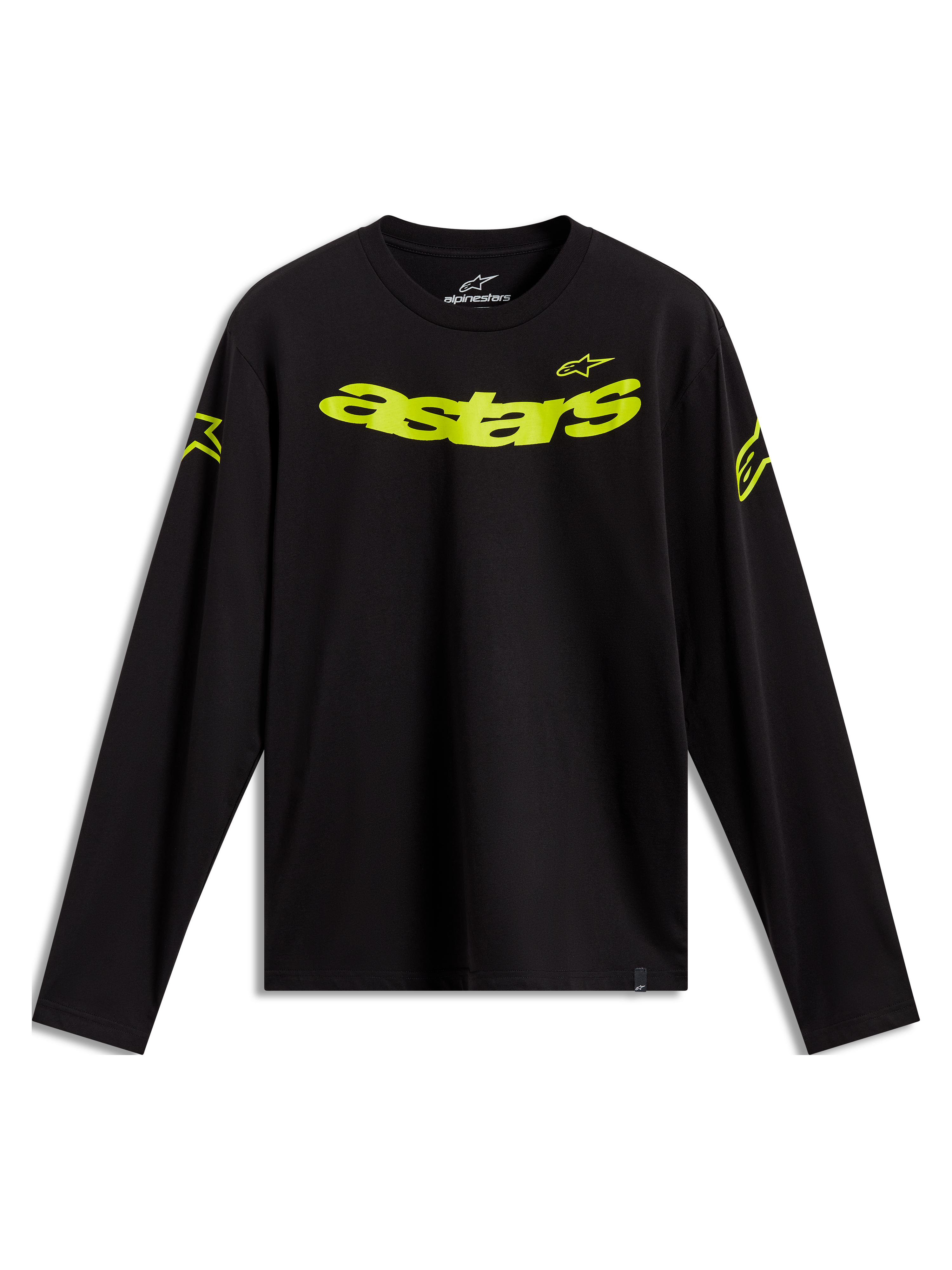 Alpinestars Velocifier CSF Langarm T-Shirt, Schwarz mit neongelben Astars-Logos auf Front und Schultern.