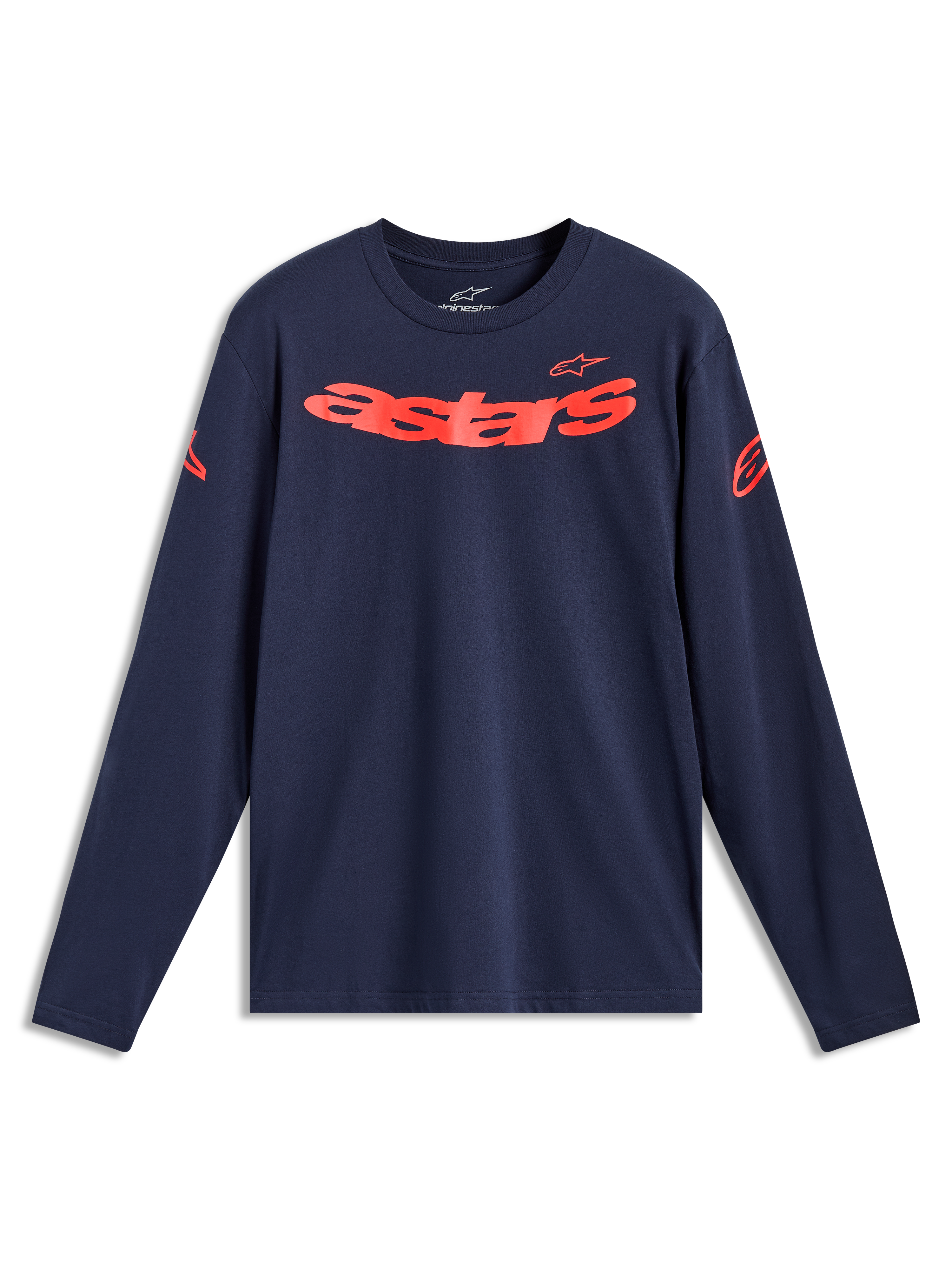 Alpinestars Velocifier CSF Long Sleeve Tee in Navy and Red, sportswear featuring curved Astars word and shoulder logos.