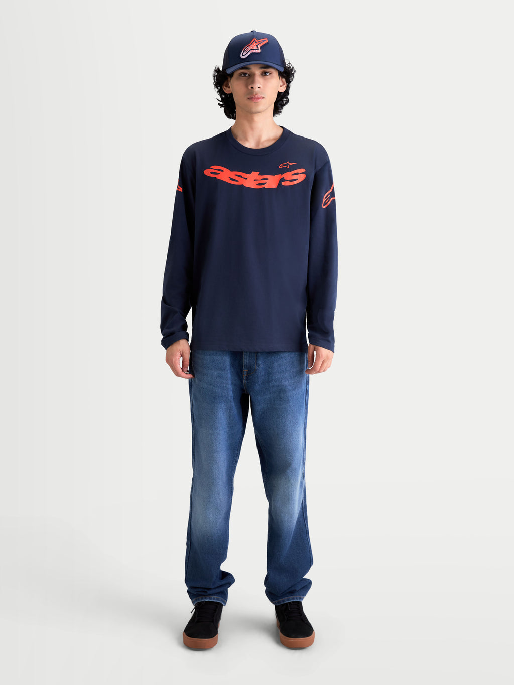 Alpinestars Velocifier CSF Tee, Long Sleeve Sportswear T-Shirt, Navy Blue with Red Curved Astars Front Graphic and Shoulder Logos, Soft Cotton Blend for Casual Everyday Wear