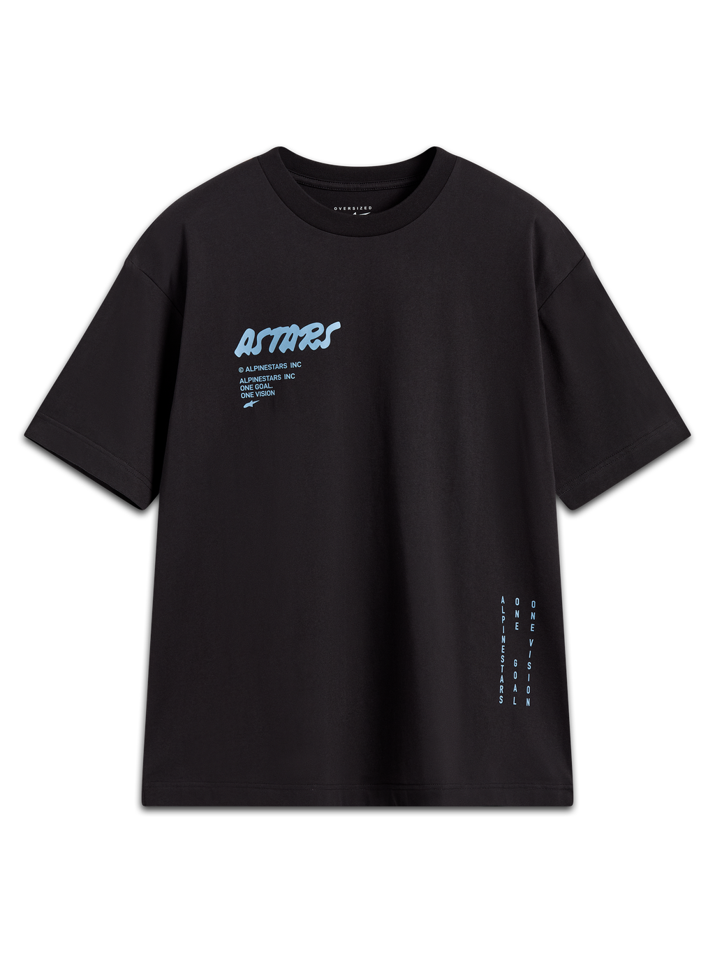 Alpinestars Chalk Oversized CSF T-Shirt, Kurzarm-T-Shirt in Schwarz, hellblaues Astars-Logo und vertikales Seitenbranding, bequeme Oversized-Passform, Motorsport-Streetwear