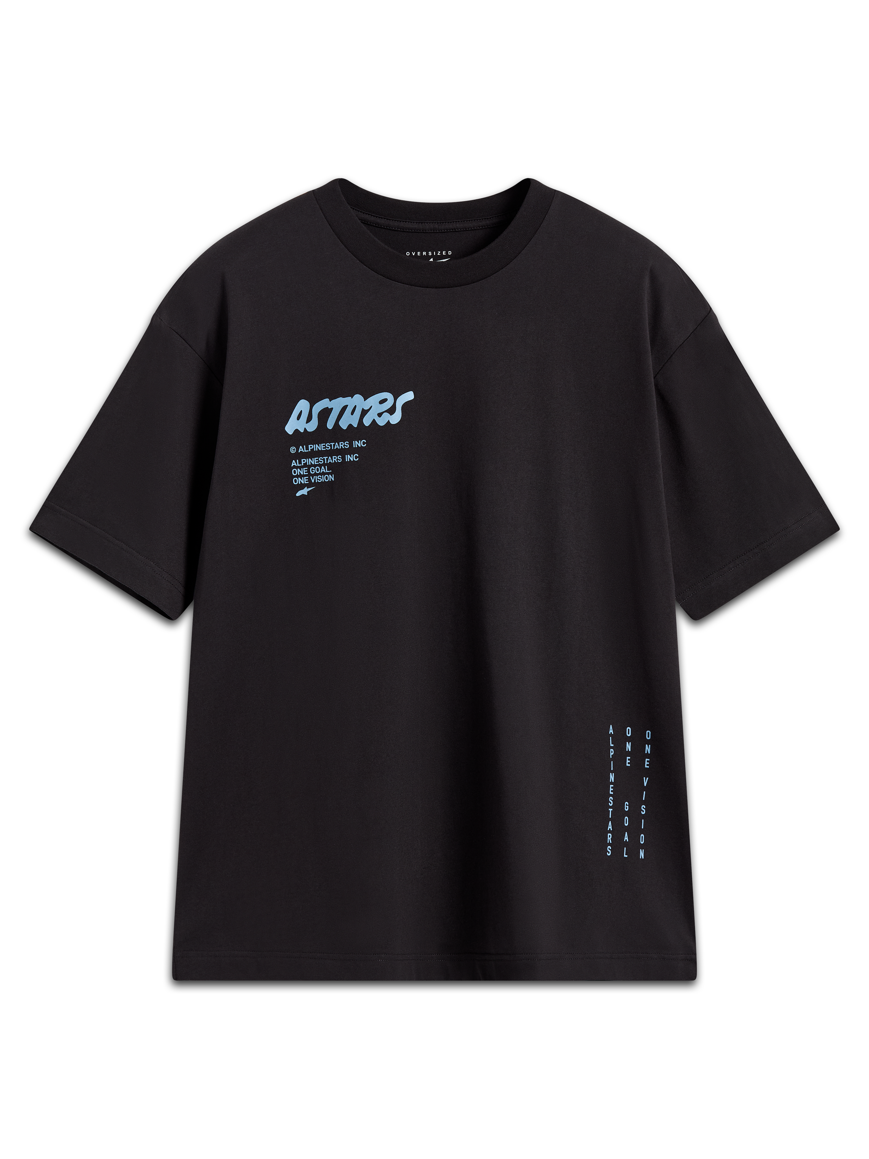 Alpinestars Chalk Oversized CSF T-Shirt, Kurzarm-T-Shirt in Schwarz, hellblaues Astars-Logo und vertikales Seitenbranding, bequeme Oversized-Passform, Motorsport-Streetwear