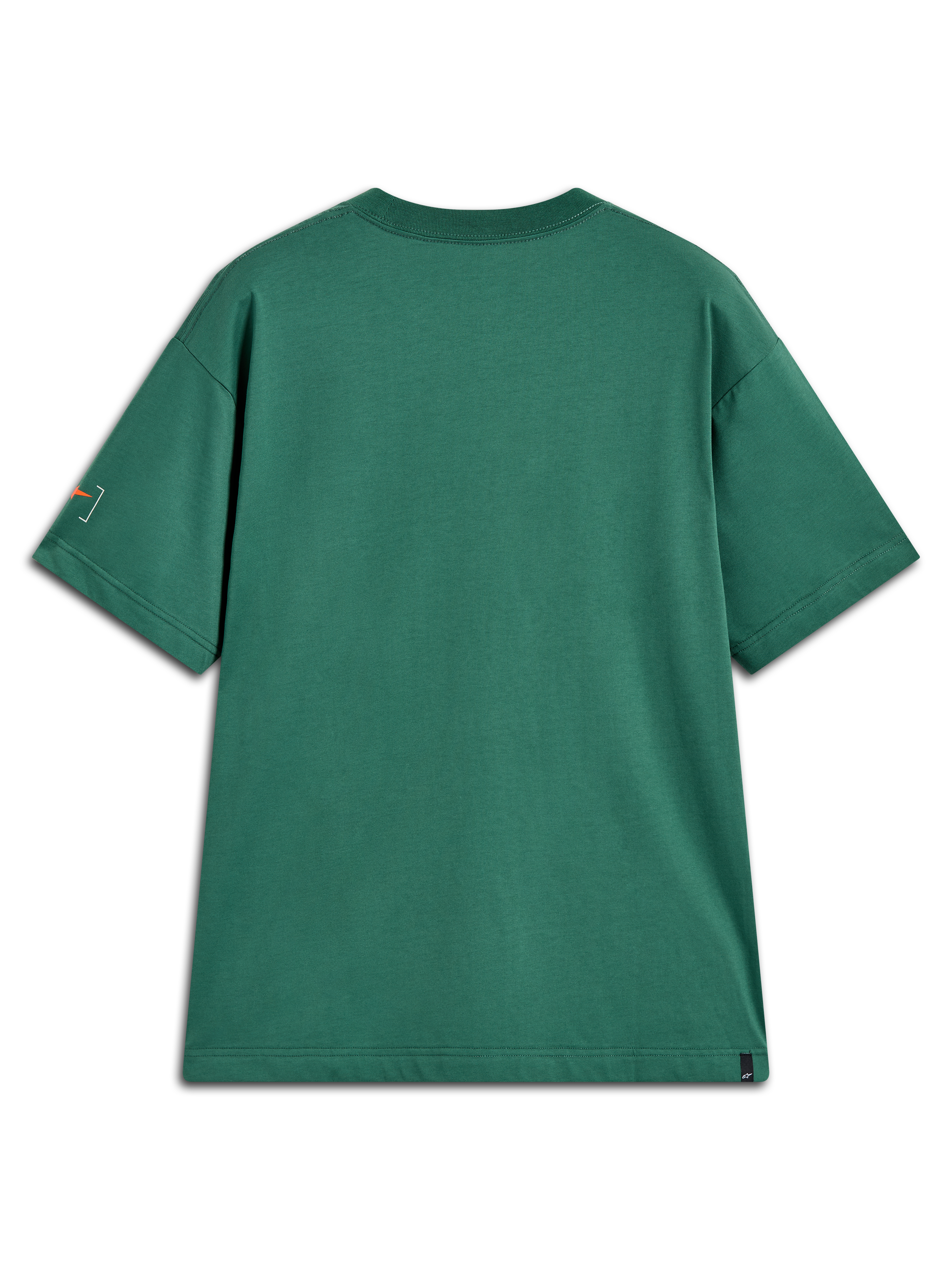 Alpinestars Infinity Oversized CSF T-Shirt in Grün, Rückansicht, Kurzarm-T-Shirt mit orangefarbener Grafik am Ärmel.
