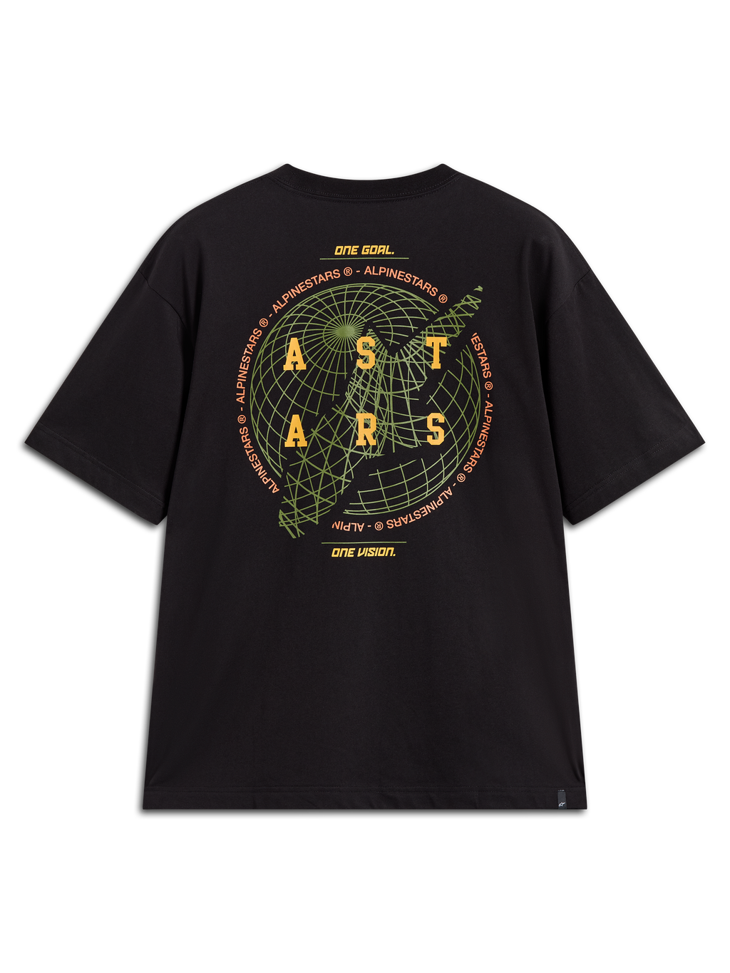 Alpinestars Latitude Oversized CSF Tee, Kurzarm-T-Shirt in Schwarz, Rückansicht mit grüner Globus-Grafik, gelbem ASTARS-Logo und Markenmotto, lässige Motorsport-Streetwear.