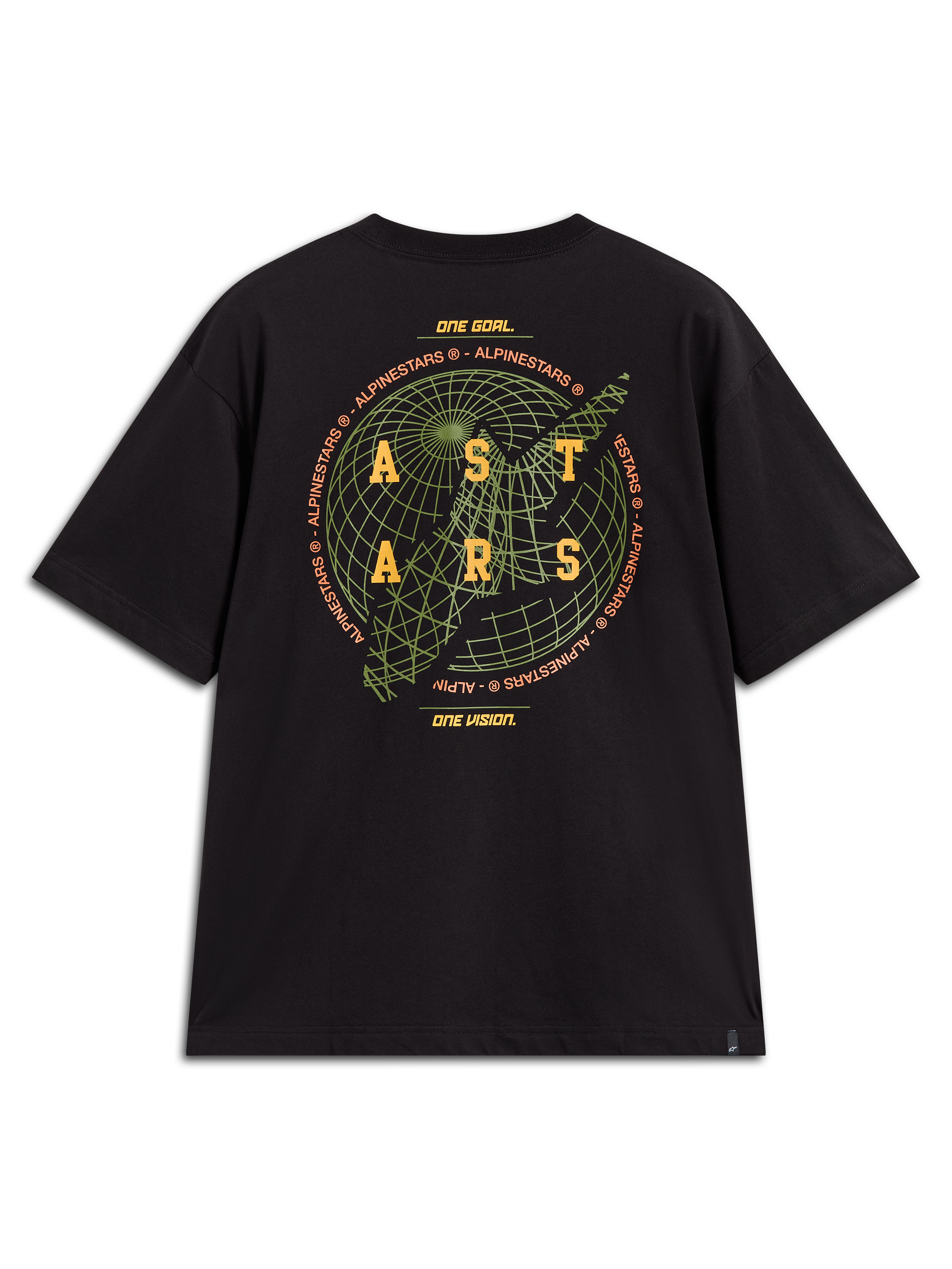 Alpinestars Latitude Oversized CSF Tee, Kurzarm-T-Shirt in Schwarz, Rückansicht mit grüner Globus-Grafik, gelbem ASTARS-Logo und Markenmotto, lässige Motorsport-Streetwear.