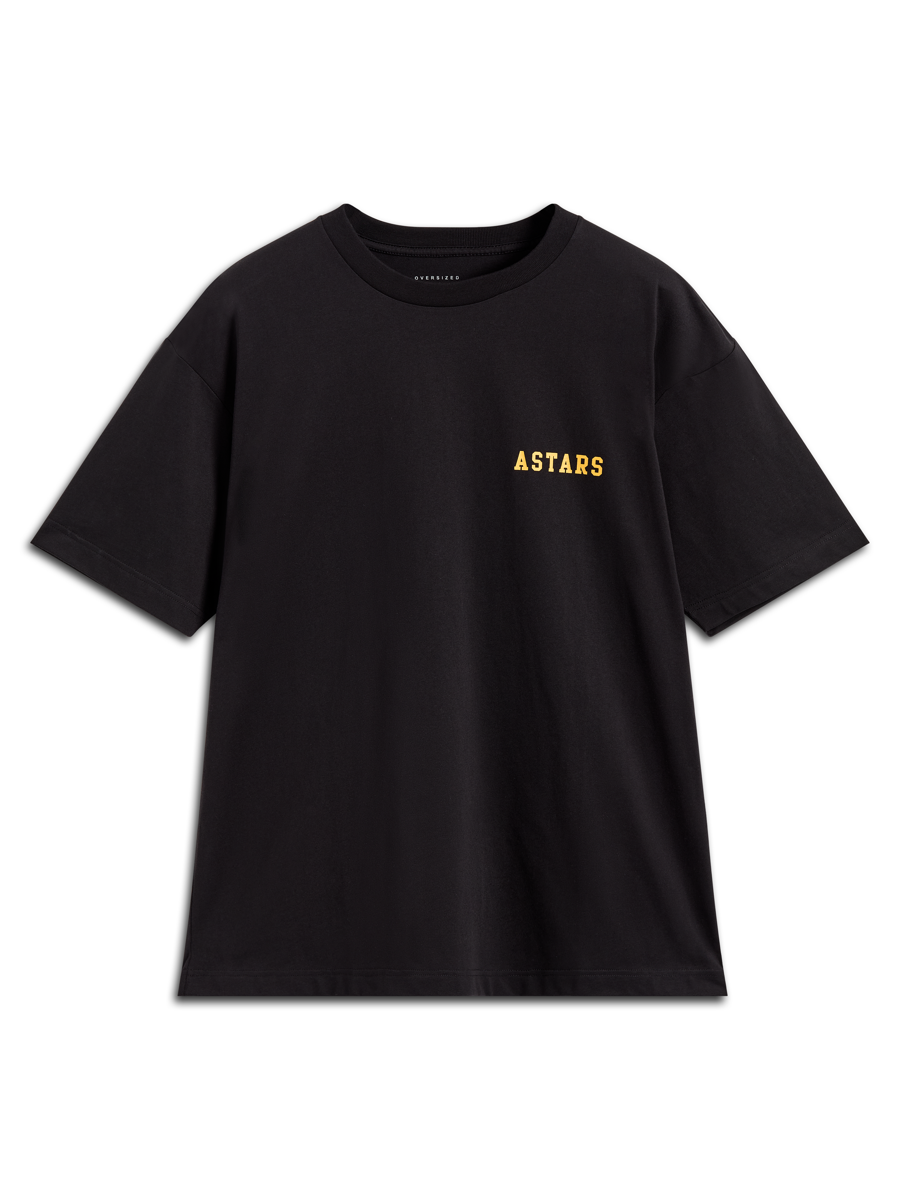 Alpinestars Latitude Oversized CSF T-Shirt, schwarzes Kurzarm-Oberteil mit gelbem Astars-Wortlogo.