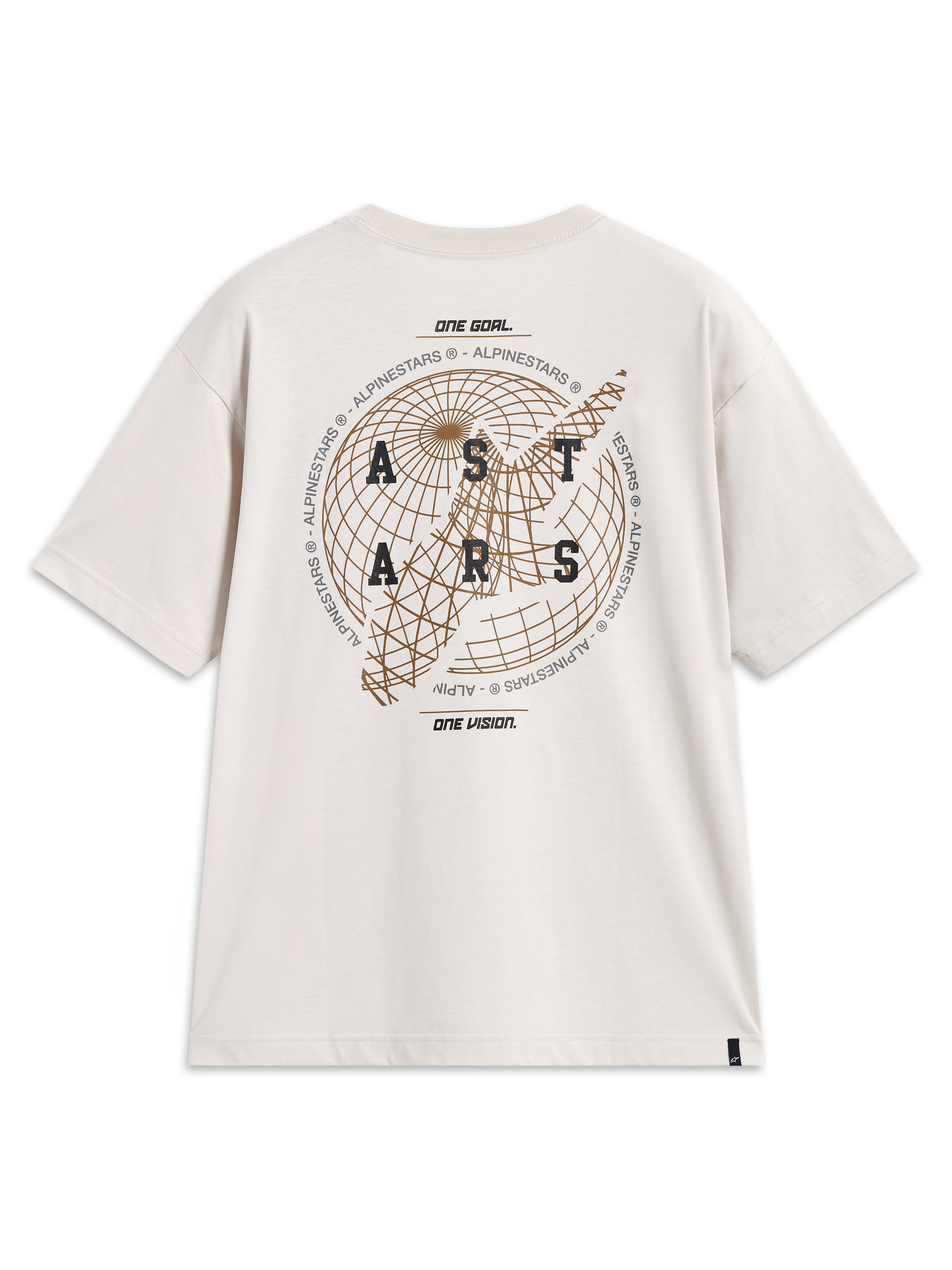 Alpinestars Latitude Oversized CSF Tee, Sportswear Short Sleeve Shirt, Cement Beige, back globe and Astars logo graphic.