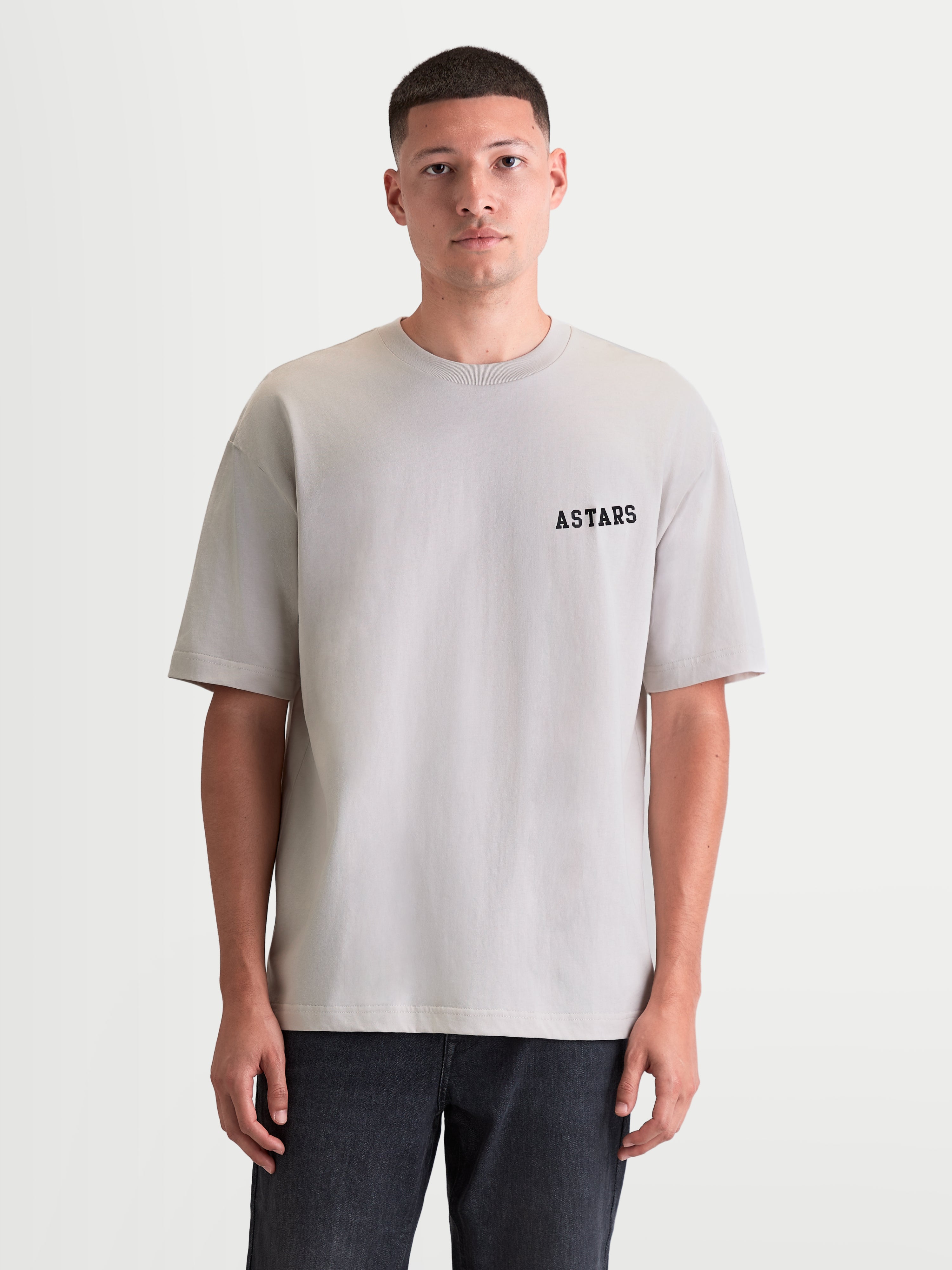 Alpinestars Latitude Oversized CSF Tee, Casual Sportswear T-shirt for Men and Women, Cement Gray, featuring a relaxed oversized fit and black ASTARS chest wordmark graphic.