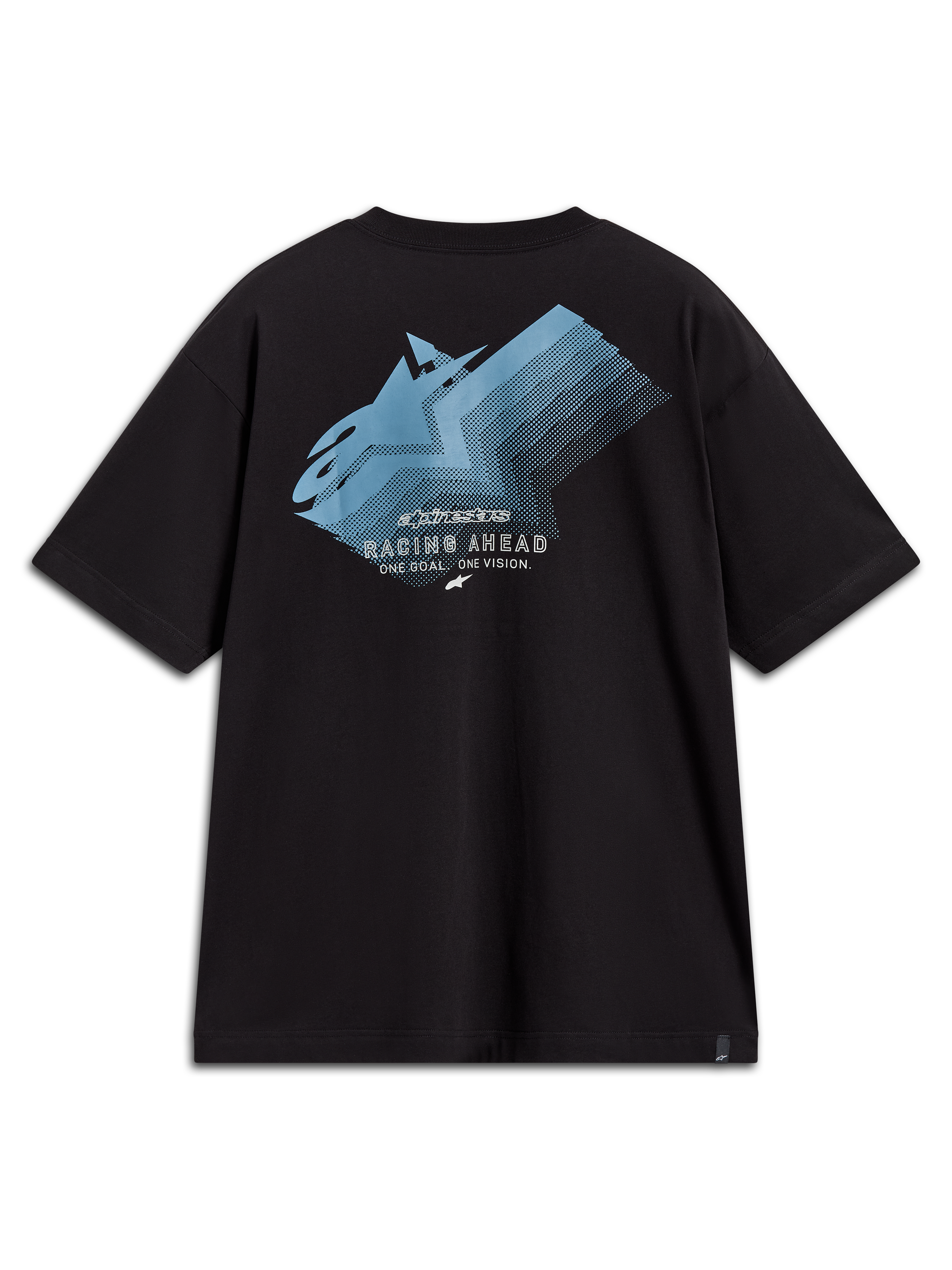 Alpinestars Ghost Oversized CSF Tee, black short-sleeve shirt featuring a blue back logo fade graphic and Racing Ahead text.