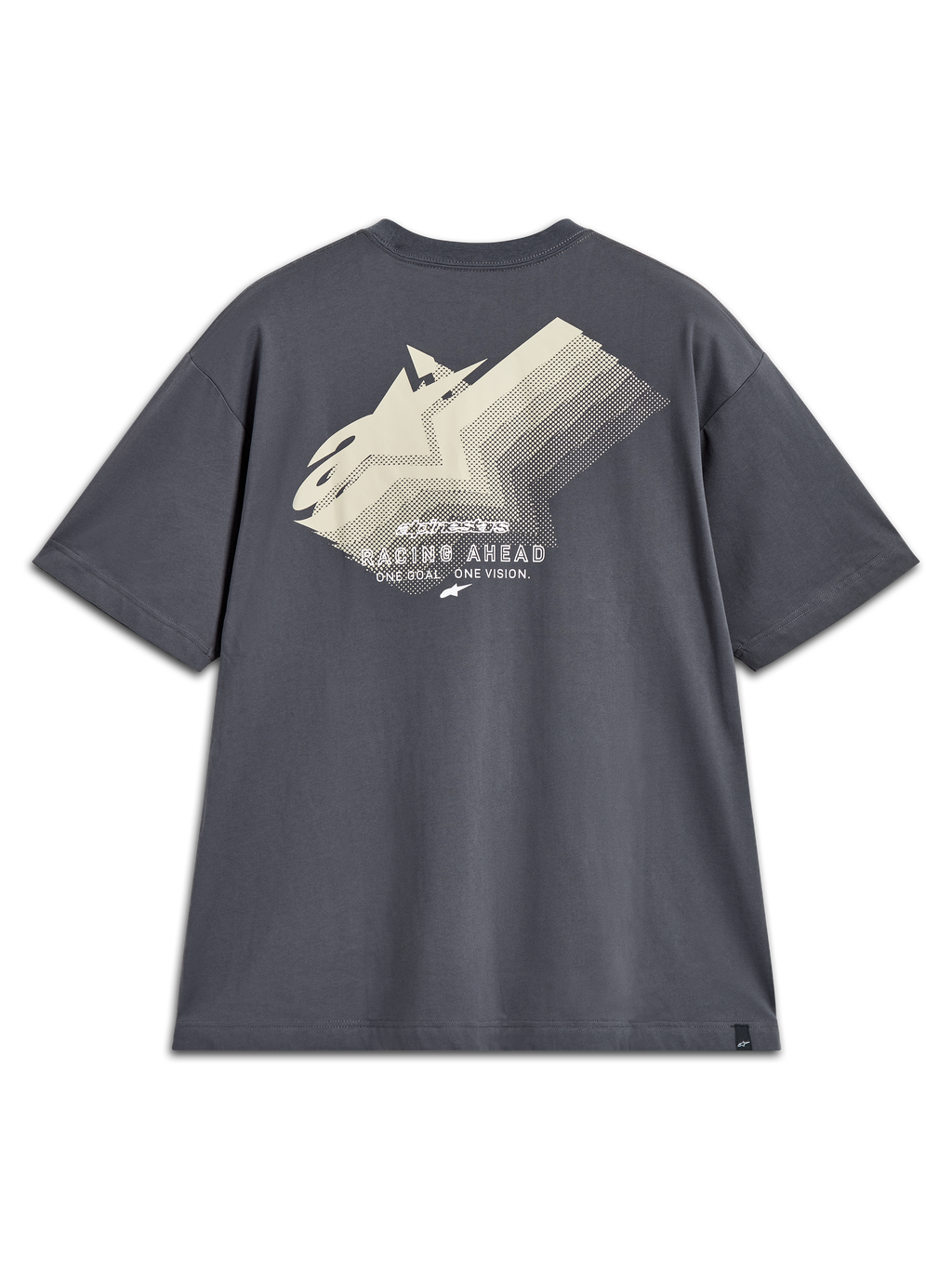 Alpinestars Ghost Oversized CSF T-Shirt, Rückansicht, Anthrazitgrau, cremeweiße Logo-Verlaufsgrafik und Racing Ahead Text.