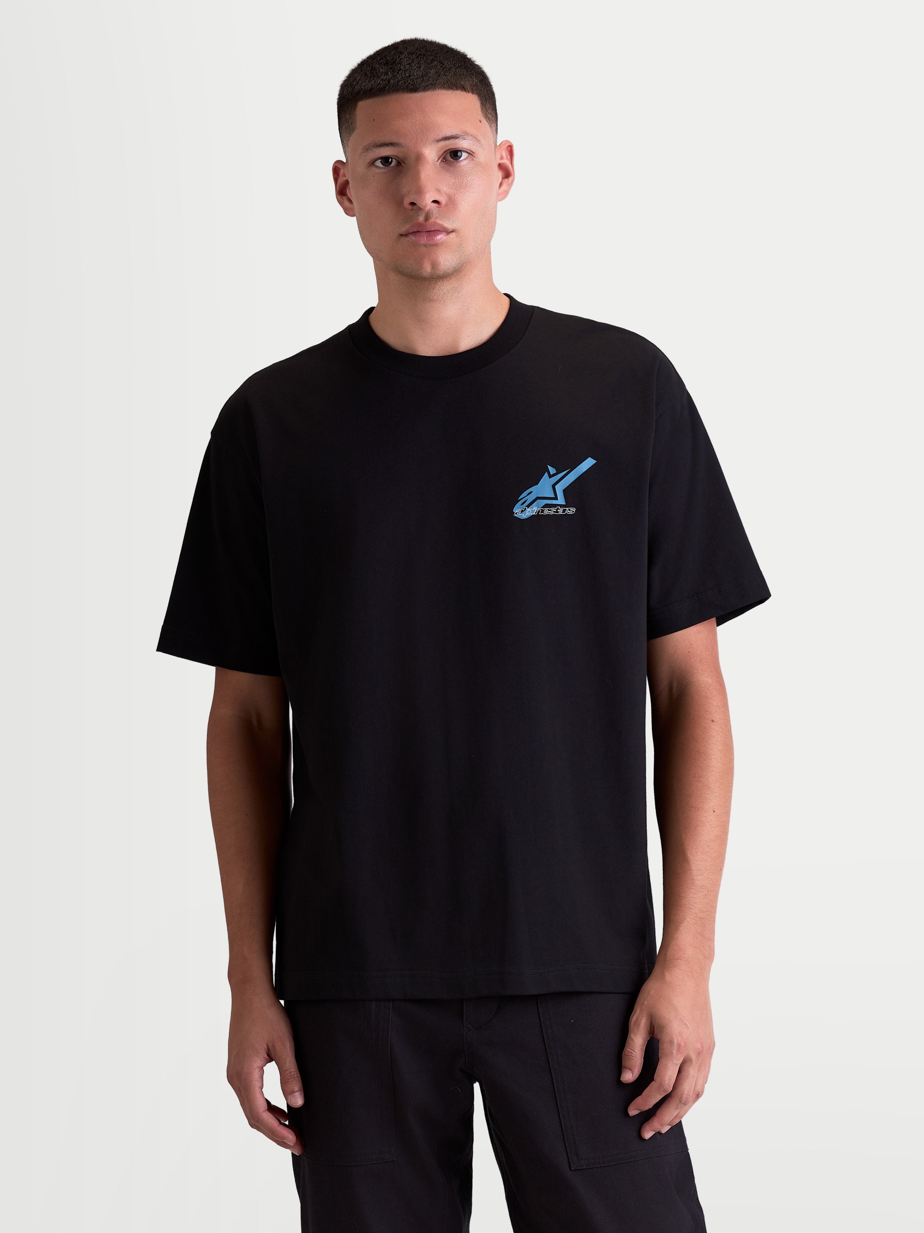 Alpinestars Ghost Oversized CSF Tee, Short Sleeve Sportswear T-shirt, Black with Blue Astars Chest Logo, Relaxed Oversized Silhouette, 60/40 Cotton-Poly Blend, Everyday Casual Lifestyle Apparel.