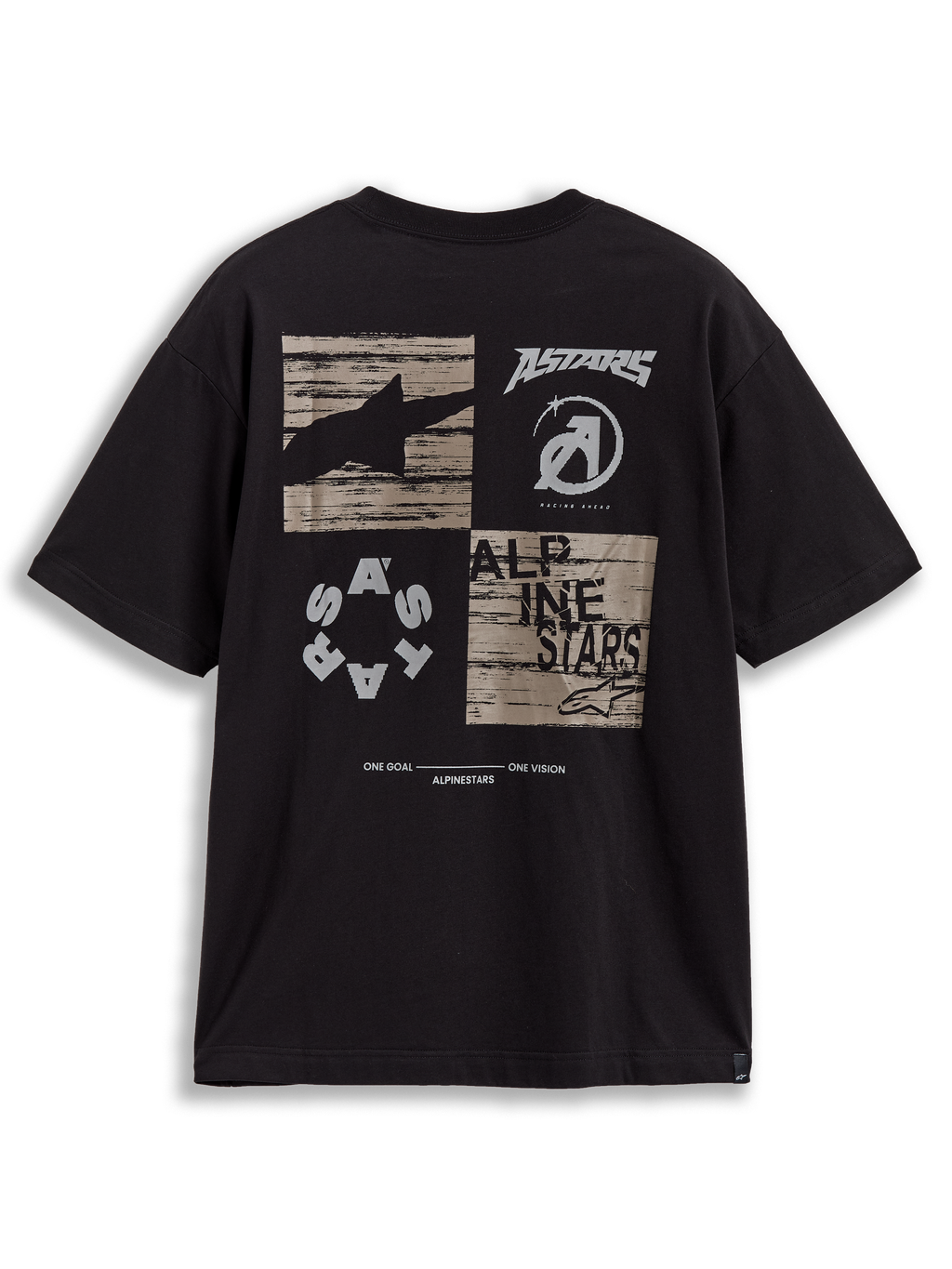 Alpinestars Checkback Oversized CSF T-Shirt, Kurzarm-T-Shirt, Schwarz, Rückansicht mit Schachbrett-Grafik, Astars-Logo und One Goal One Vision-Manifesto, Motorsport-Streetwear