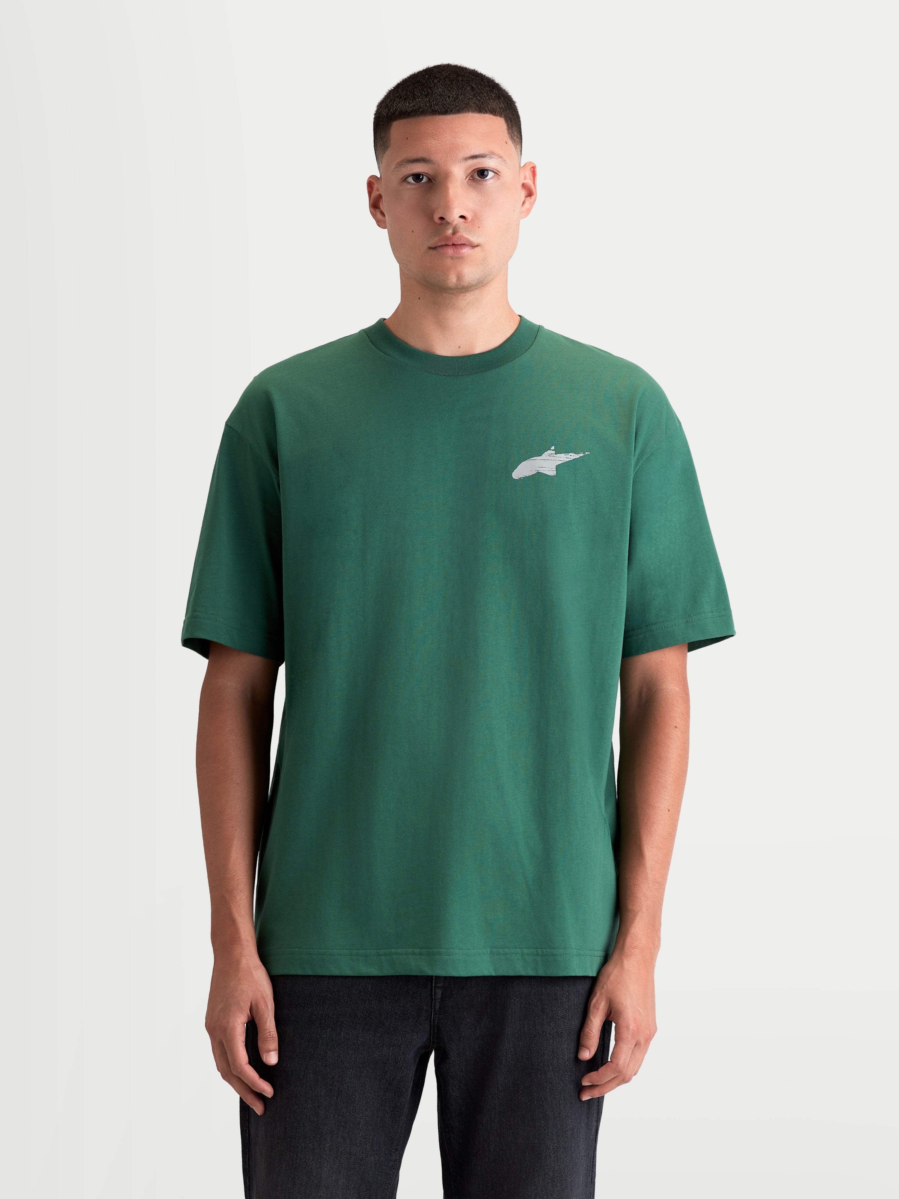 Alpinestars Checkback Oversized CSF Tee, Men's Short Sleeve Sportswear T-shirt, Green with White Astars Logo, Relaxed Oversized Fit, Cotton-Poly Blend Construction, Casual Motorsport Lifestyle Apparel