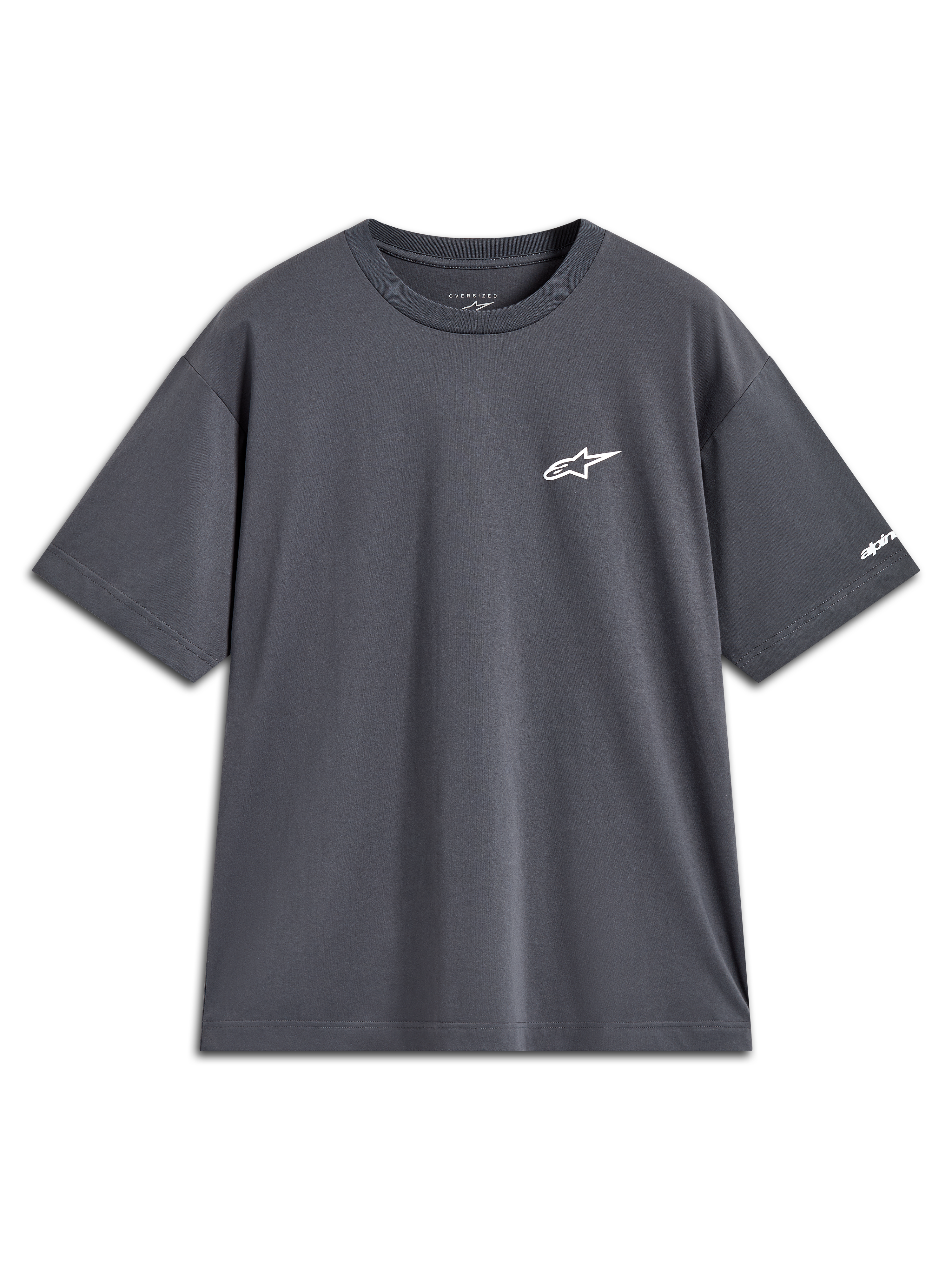 Alpinestars Mandate Oversized CSF Tee, charcoal gray short-sleeve sportswear shirt with white puff-print logo.