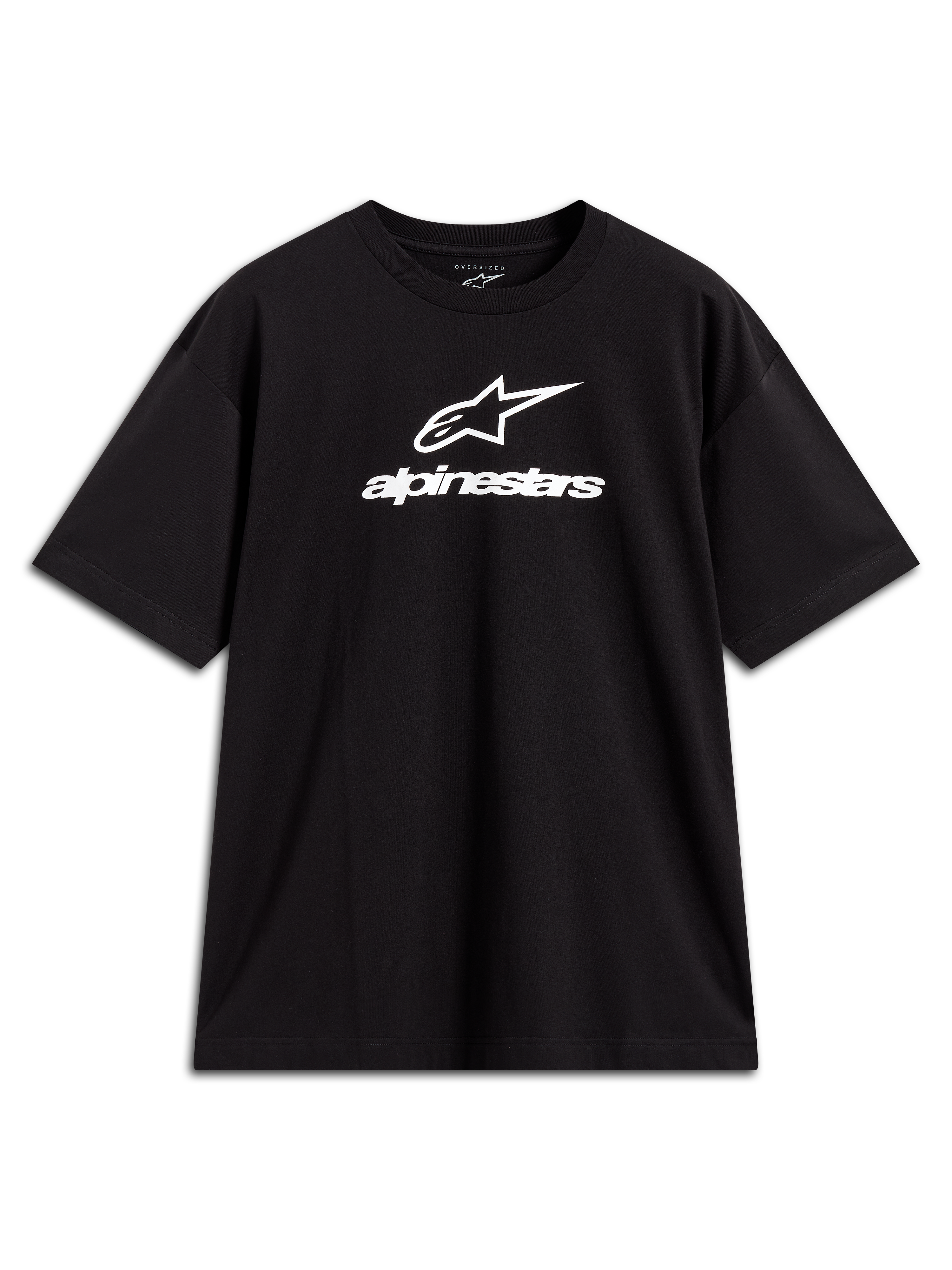 Alpinestars Prelude Oversized CSF T-Shirt, schwarzes Kurzarm-T-Shirt mit weißem Astars-Brustlogo, lässige Motorsport-Streetwear