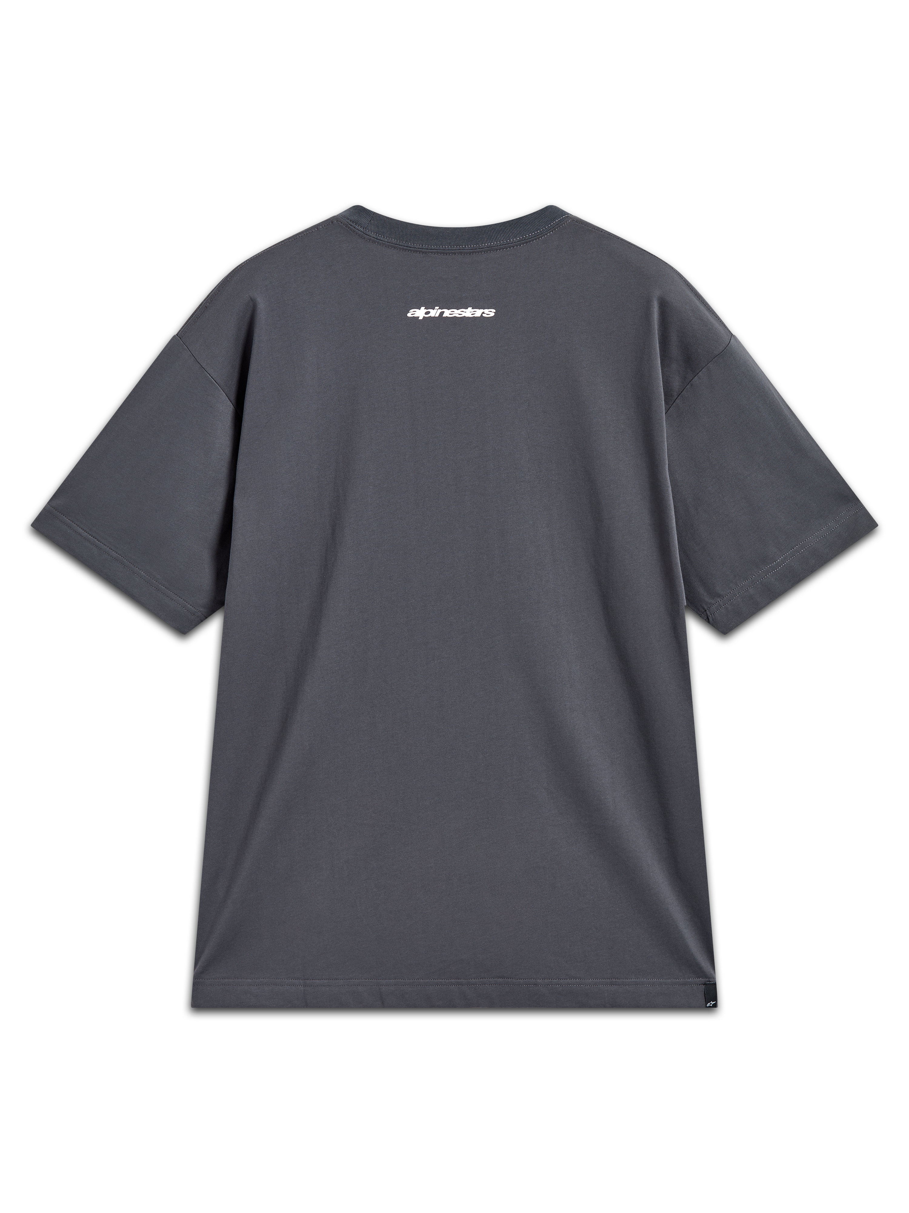 Alpinestars Prelude Oversized CSF Tee, Kurzarm-T-Shirt in Grau, weißes Alpinestars-Wortlogo auf der Rückseite, bequeme Oversized-Passform, Motorsport-Sportbekleidung
