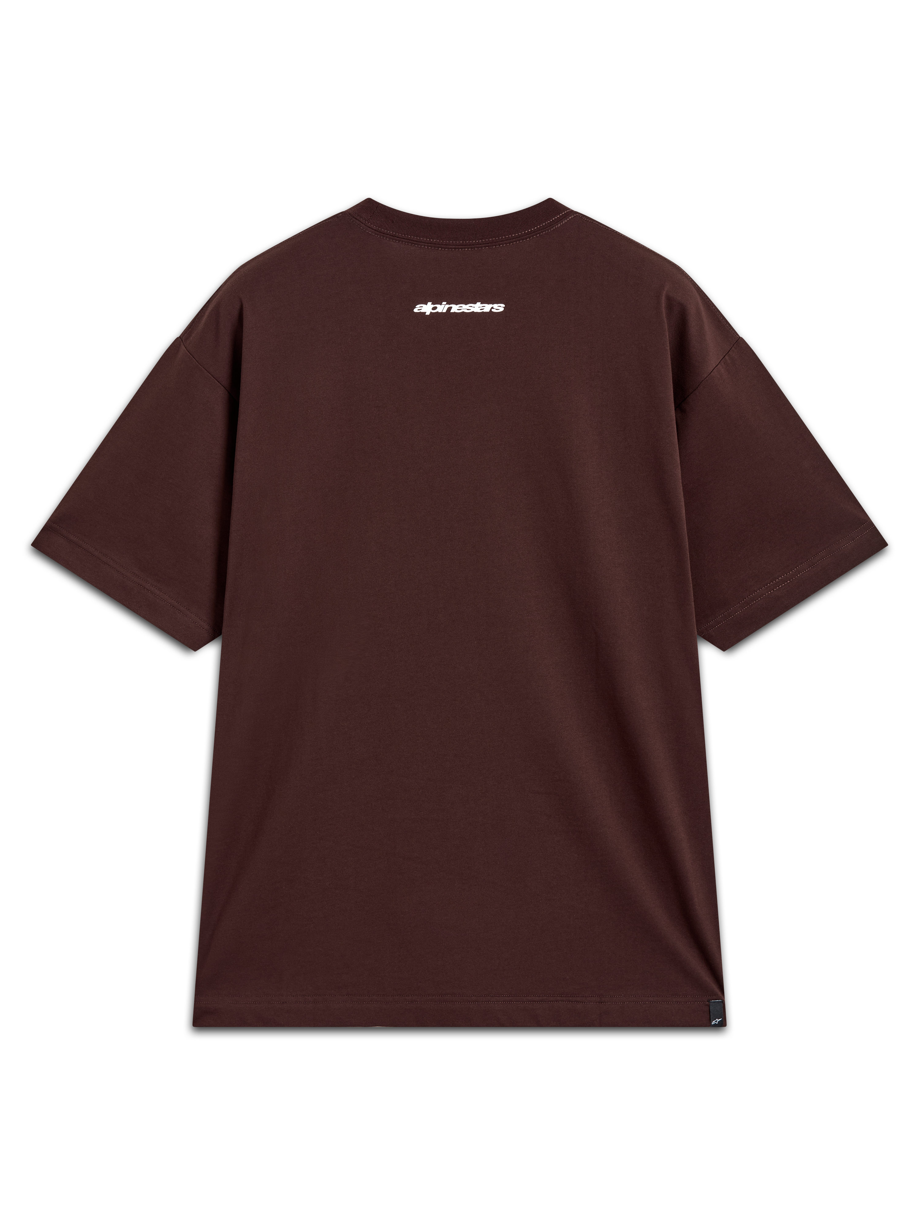 Alpinestars Prelude Oversized CSF T-Shirt, Rückansicht, Braun mit weißem Alpinestars-Logo im Nacken, Kurzarm, lässige Sportswear.