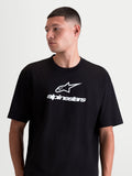 Alpinestars Prelude Oversized CSF T-Shirt, Herren-Kurzarm-T-Shirt in Schwarz und Weiß, locker geschnittene Oversized-Passform, weicher Baumwoll-Polyester-Mix, mit weißem Astars-Logo und Alpinestars-Schriftzug auf der Brust, Sportswear für täglichen Komfort.