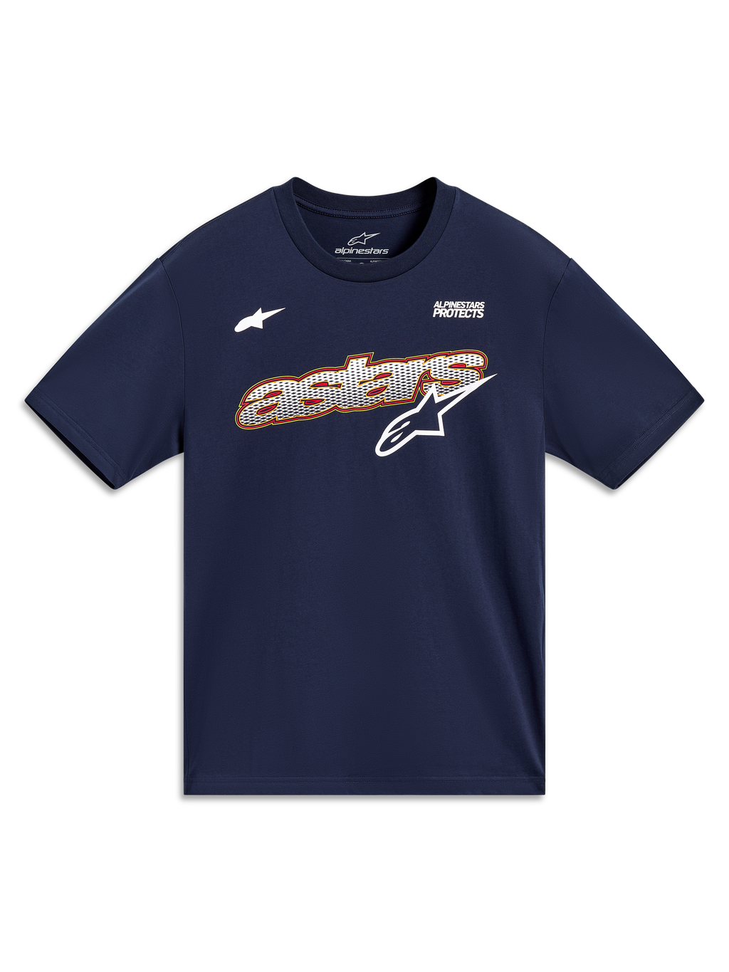 Alpinestars Cypress CSF T-Shirt, Kurzarm-Oberteil in Marineblau mit Astars-Grafik in Mesh-Optik und Alpinestars Protects Motto, lässige Motorsport-Sportswear