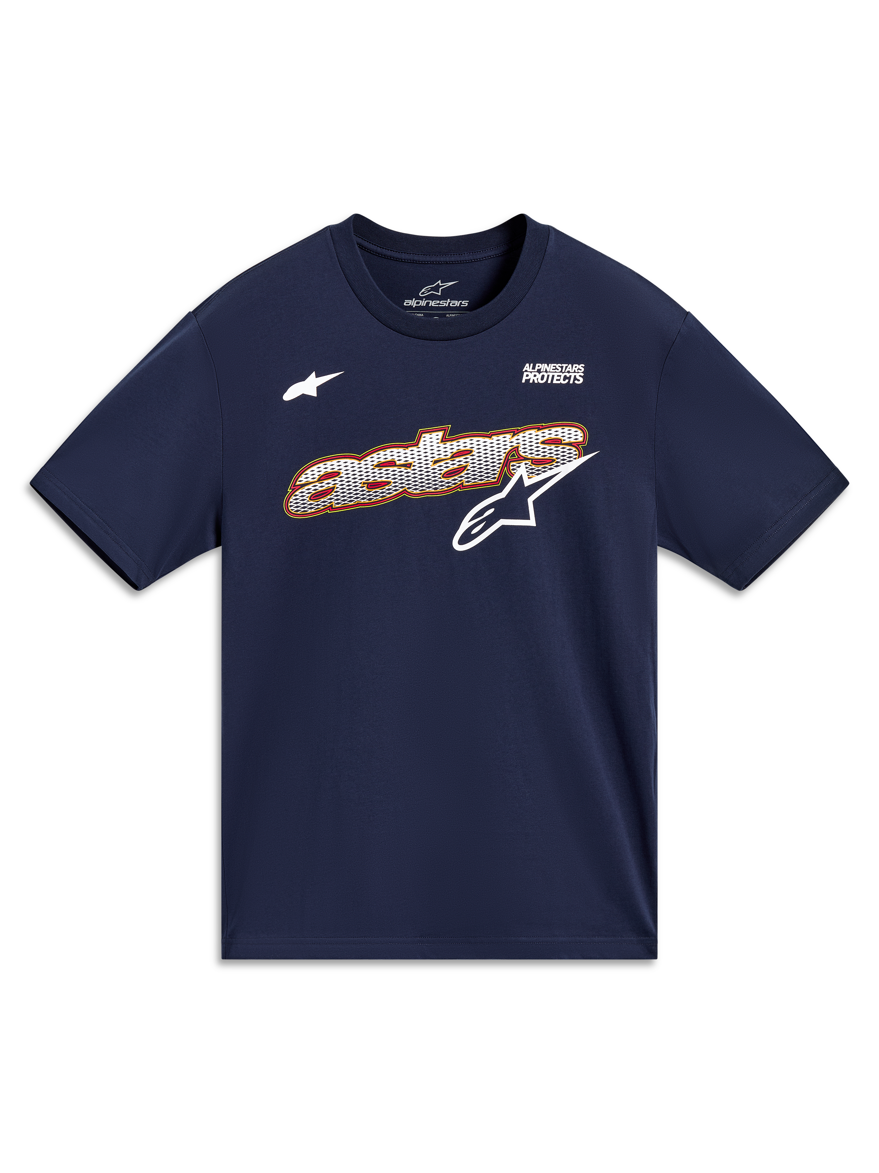 Alpinestars Cypress CSF T-Shirt, Kurzarm-Oberteil in Marineblau mit Astars-Grafik in Mesh-Optik und Alpinestars Protects Motto, lässige Motorsport-Sportswear