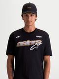 Alpinestars Cypress CSF Tee, Men's Short Sleeve Sportswear T-Shirt, Black and White, featuring a front mesh-fill graphic and Alpinestars Protects logo, on-model lifestyle view, premium cotton-poly material.