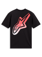 Alpinestars Meteor CSF T-Shirt, schwarzes Kurzarm-Sportshirt mit großem rot-weißem MX-Farbverlaufs-Logo auf der Rückseite.