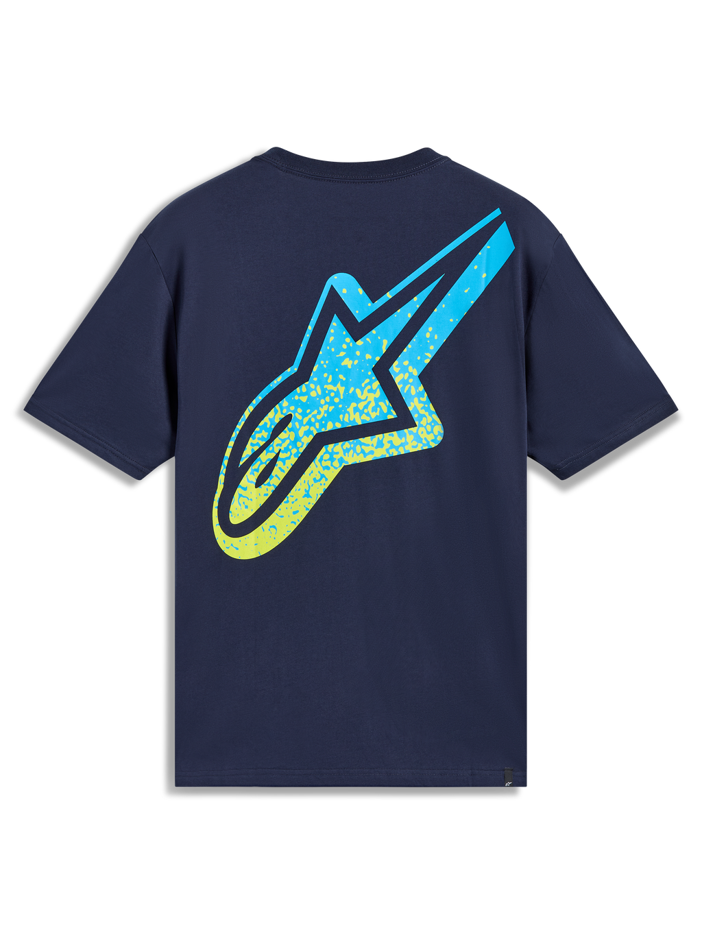 Alpinestars Meteor CSF T-Shirt, Kurzarm-T-Shirt, Dunkelblau, mit großem Astars-Logo in gelb-blauem MX-Farbverlauf, Sportswear