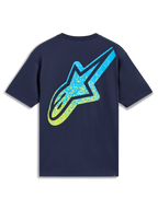 Alpinestars Meteor CSF T-Shirt, Kurzarm-T-Shirt, Dunkelblau, mit großem Astars-Logo in gelb-blauem MX-Farbverlauf, Sportswear