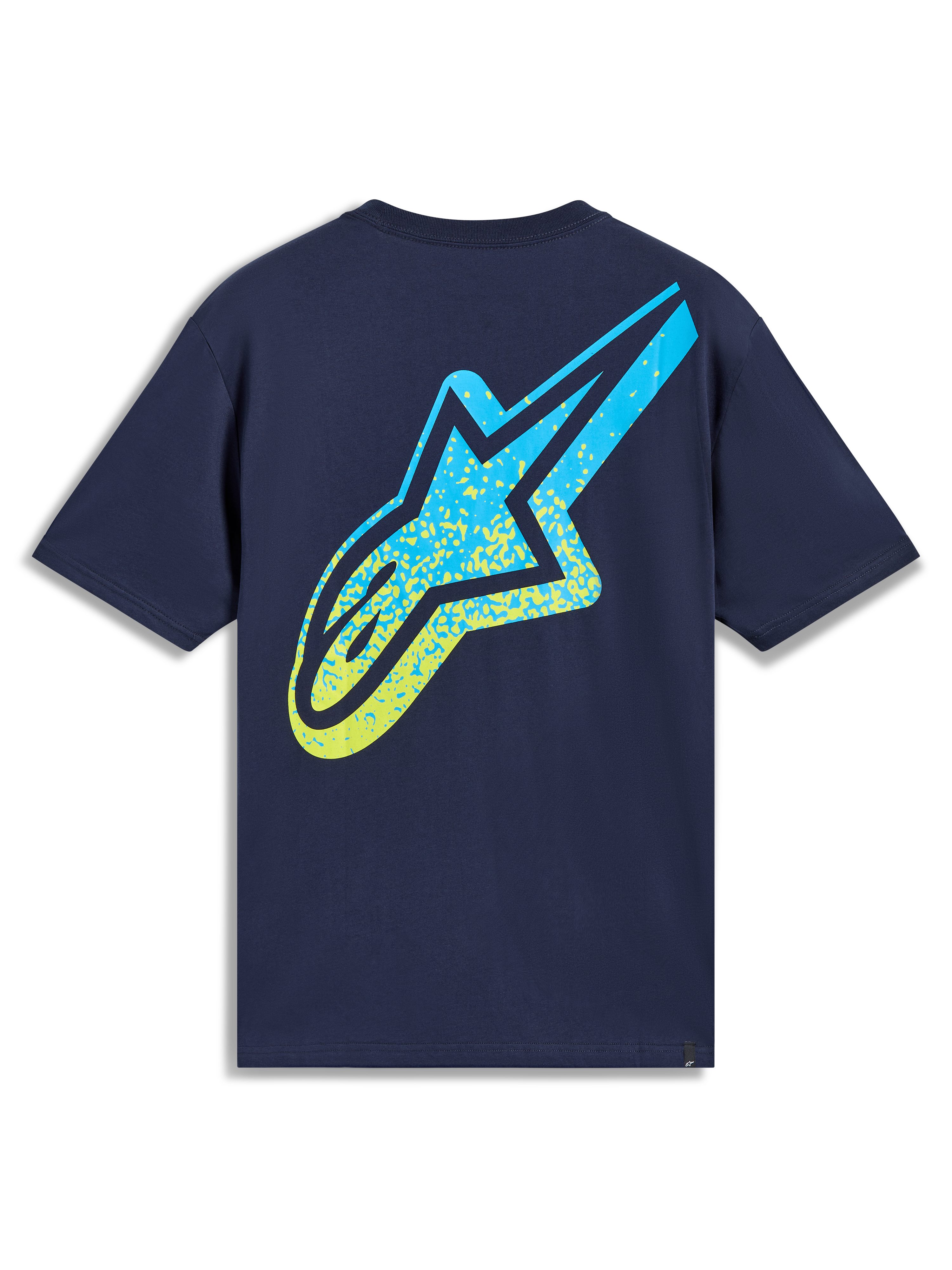 Alpinestars Meteor CSF T-Shirt, Kurzarm-T-Shirt, Dunkelblau, mit großem Astars-Logo in gelb-blauem MX-Farbverlauf, Sportswear