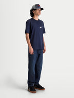 Alpinestars Meteor CSF T-Shirt, Kurzarm-Sportswear-T-Shirt für Herren, Blau, mit weißem Astars-Logo auf der Brust, hochwertige Baumwoll-Polyester-Mischung, am Model gezeigt.