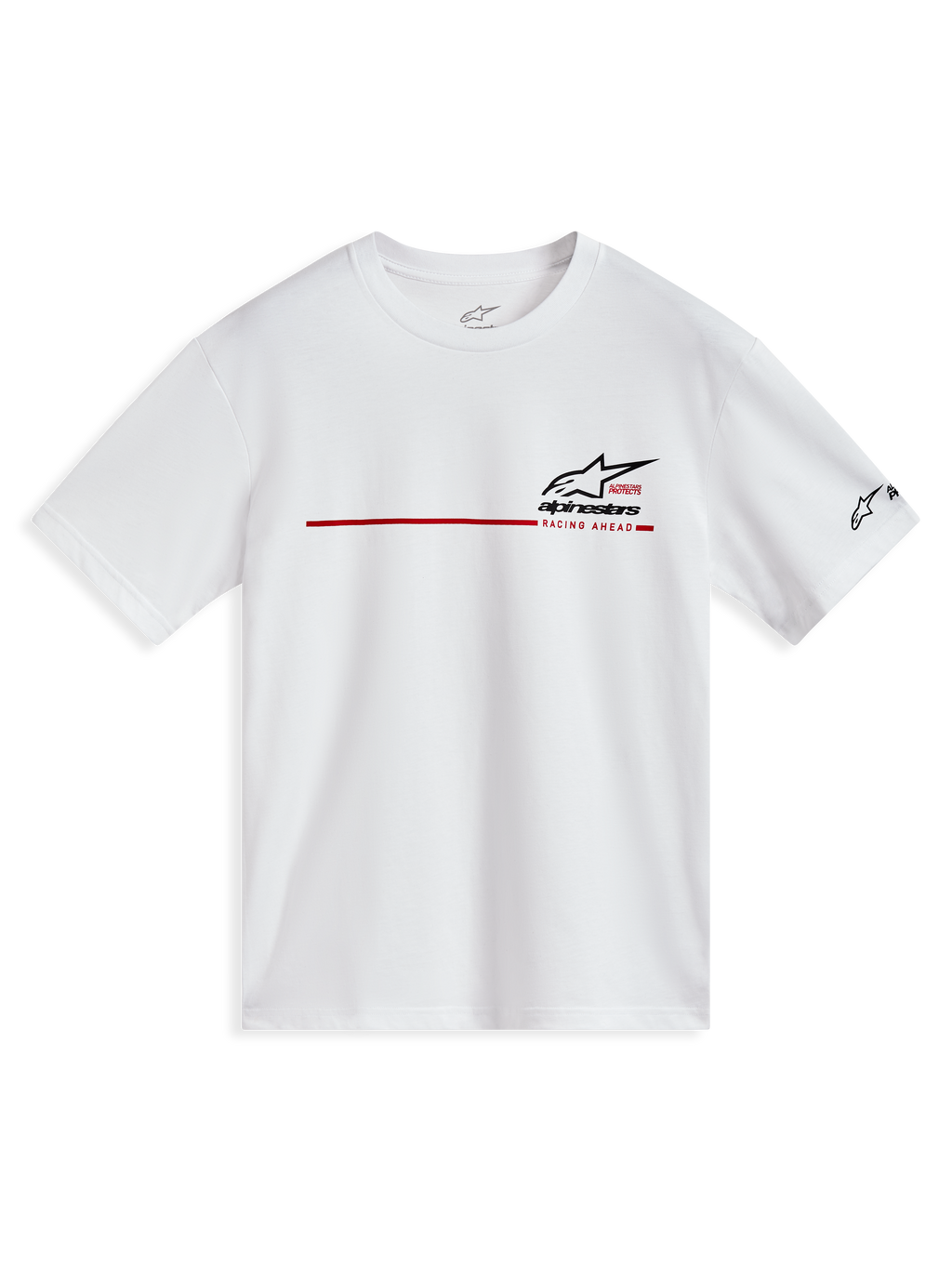 Alpinestars P1 CSF Kurzarm-T-Shirt, Weiß, mit rotem Rennstreifen und schwarzen Logo-Grafiken, lässige Sportswear