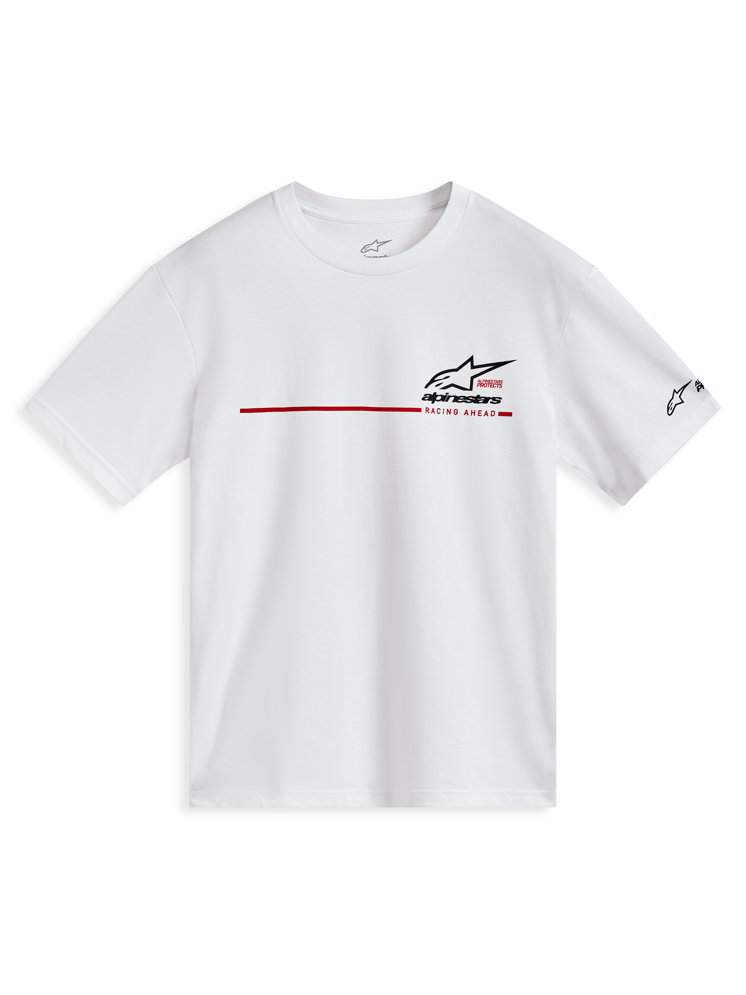 Alpinestars P1 CSF Kurzarm-T-Shirt, Weiß, mit rotem Rennstreifen und schwarzen Logo-Grafiken, lässige Sportswear