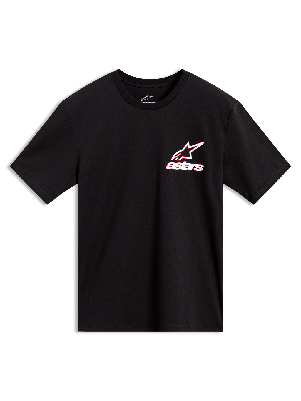 Alpinestars Lineout CSF Tee, Kurzarm-T-Shirt in Schwarz mit weiß-rot umrandetem Astars-Logo auf der Brust.